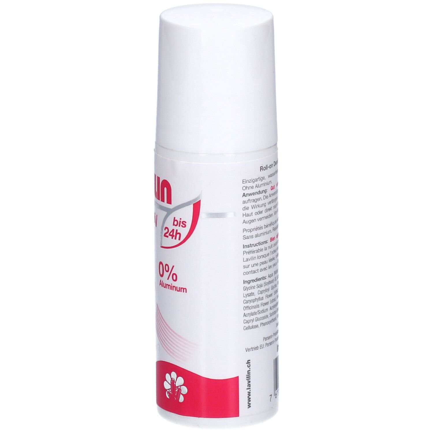 Weißer Roll-on-Deodorant. Rote Schrift. LAVILIN WOMEN, 0% Aluminium. Bis zu 24h. Herstellerinformationen.