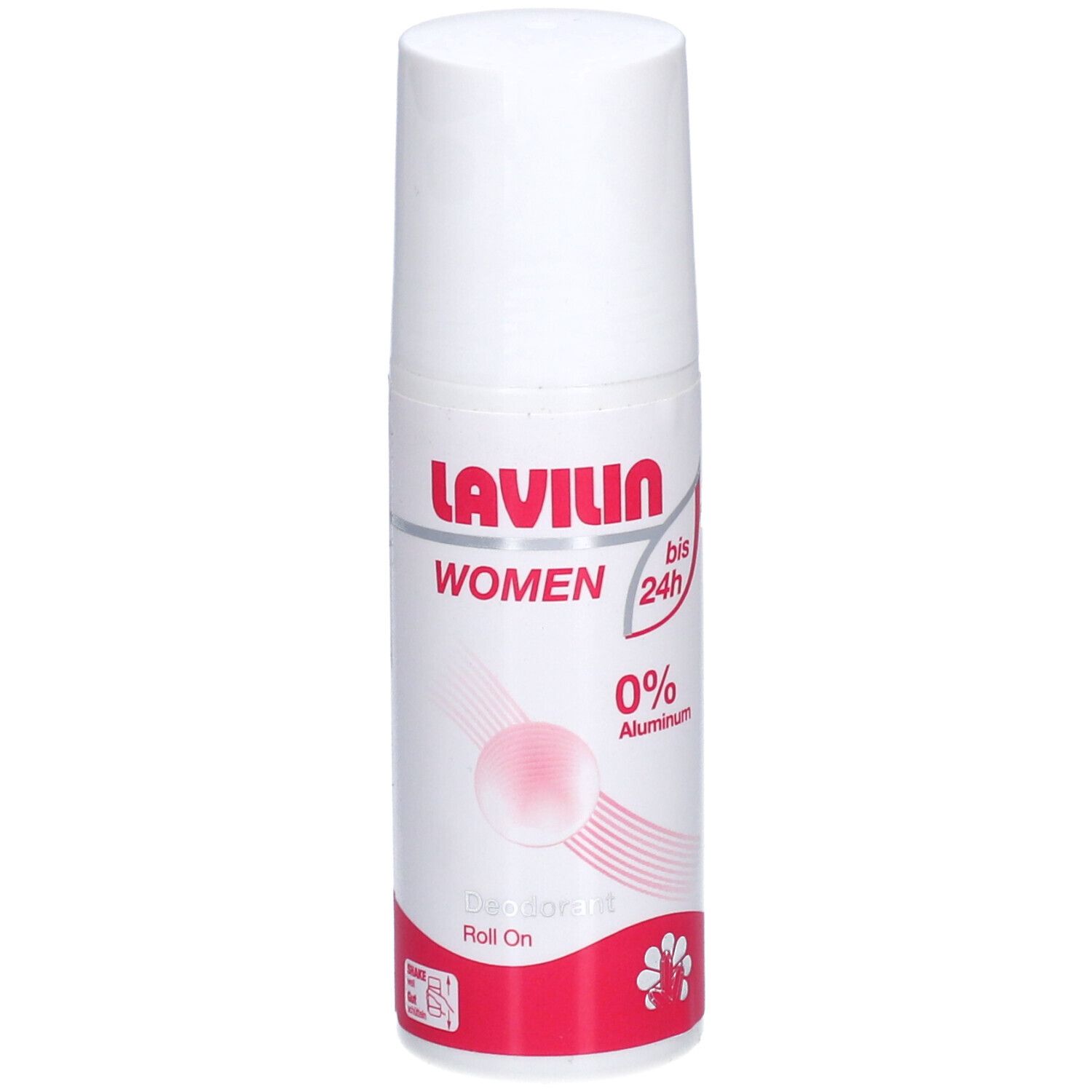 Weißer Roll-on-Deodorant mit roter Schrift. LAVILIN WOMEN, 0% Aluminium. Roll On. Bis zu 24h.