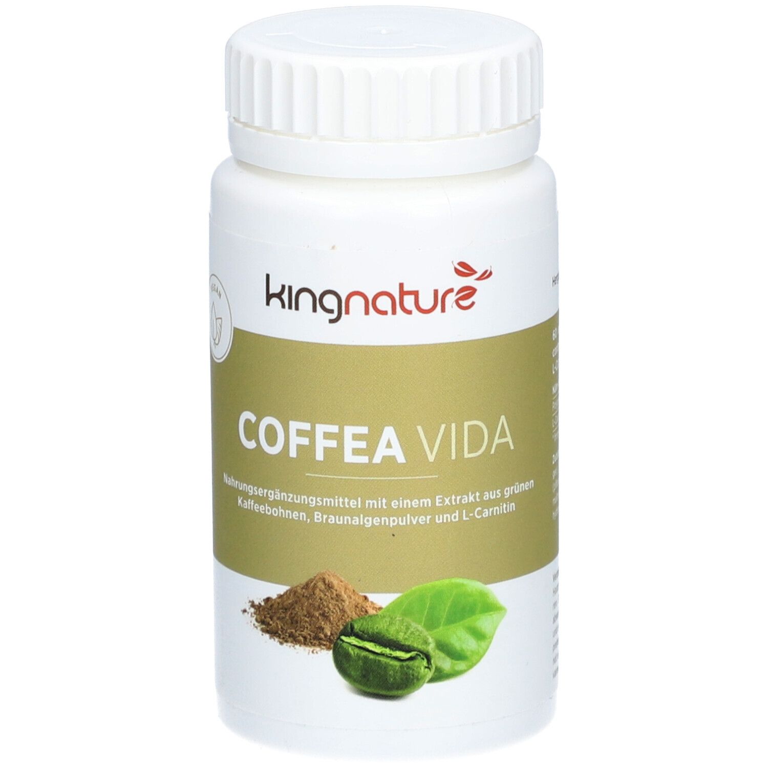 Weiße Flasche mit Deckel. Aufschrift: KINGNATURE COFFEA VIDA. Abbildung von Kaffeebohnen, Blättern und Pulver.