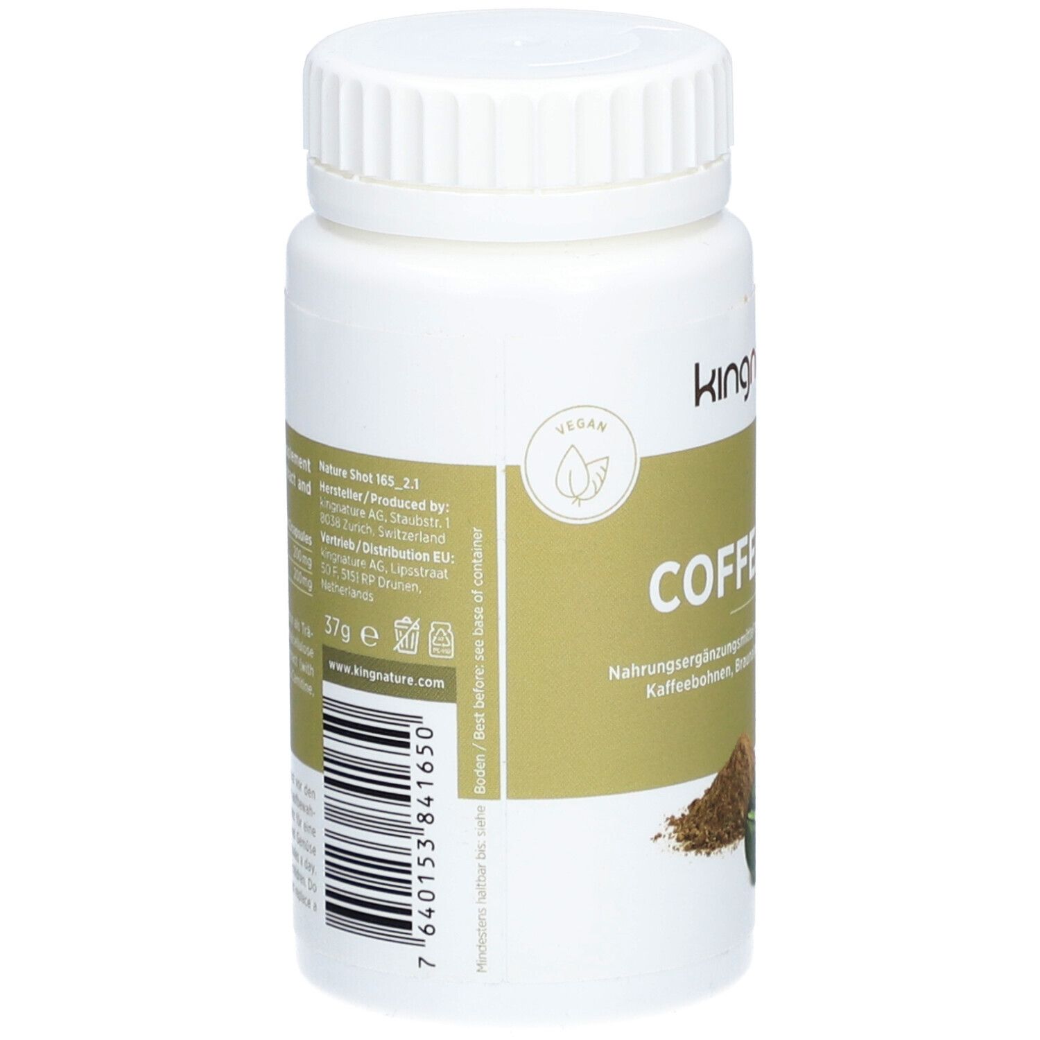 Weiße Flasche mit Deckel. Aufschrift: COFFEA VIDA. Vegan-Siegel. Barcode und Informationen auf der Rückseite.