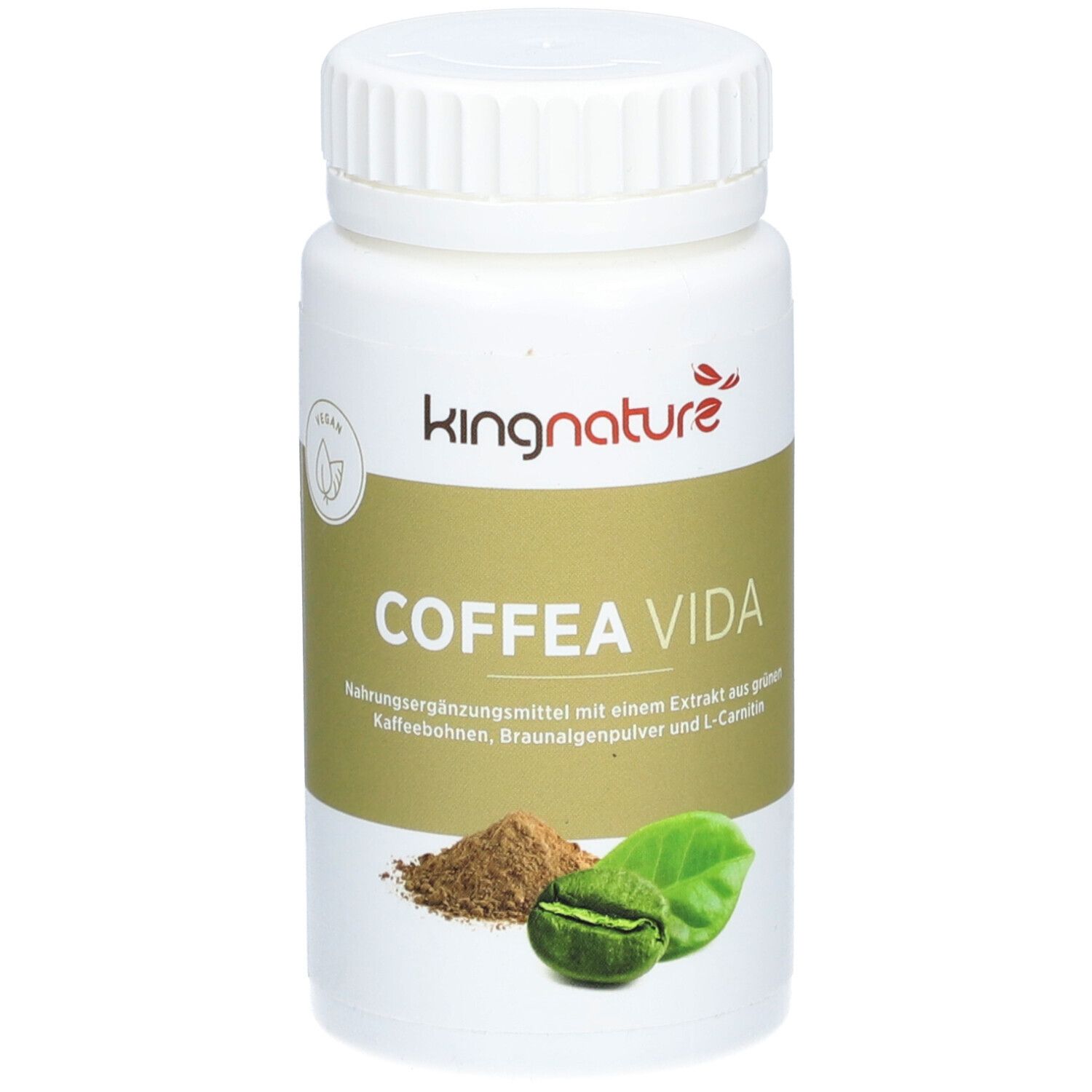 Weiße Flasche mit Deckel. Aufschrift: KINGNATURE COFFEA VIDA. Abbildung von Kaffeebohnen, Blättern und Pulver.