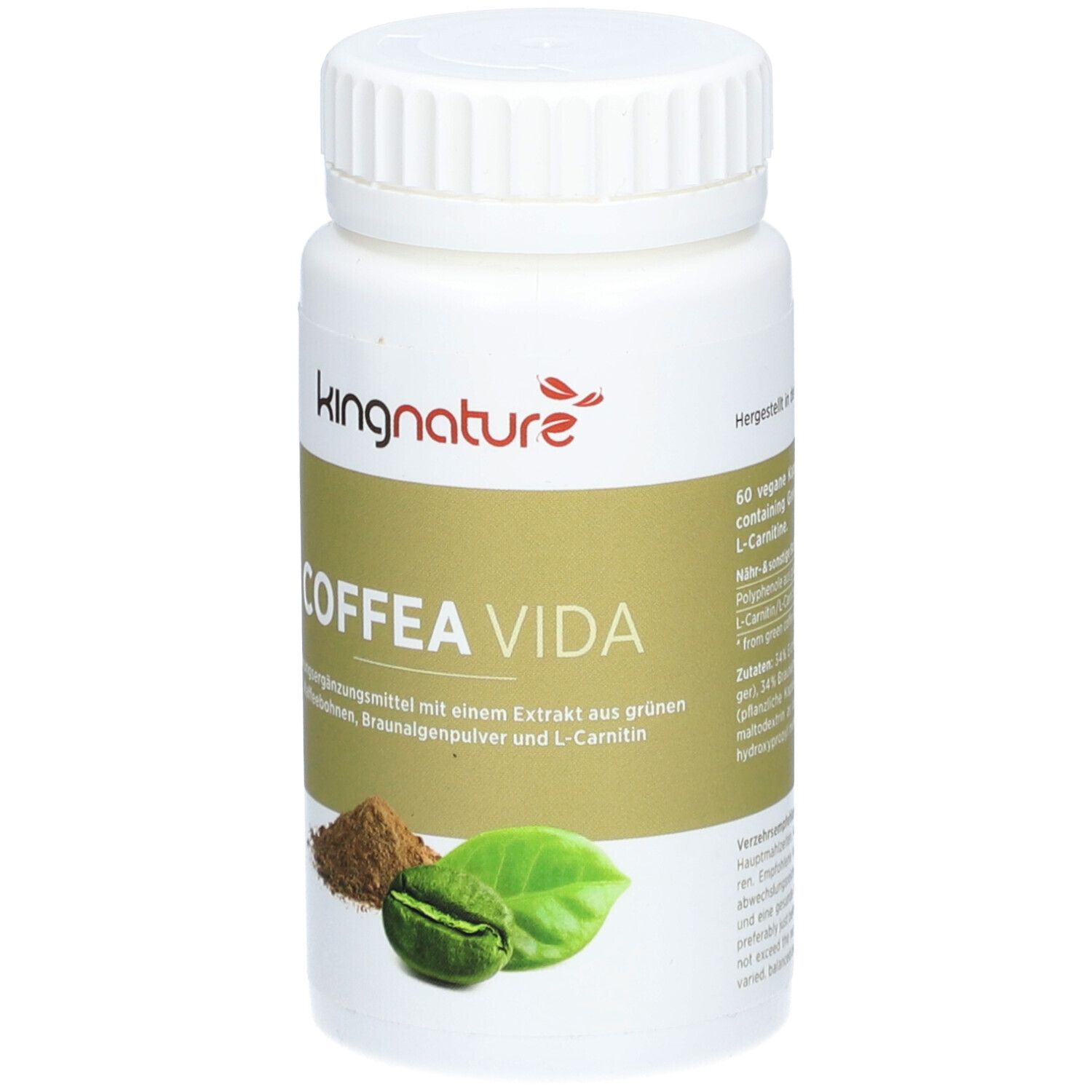 Weiße Flasche mit Deckel. Aufschrift: KINGNATURE COFFEA VIDA. Abbildung von Kaffeebohnen, Blättern und Pulver.
