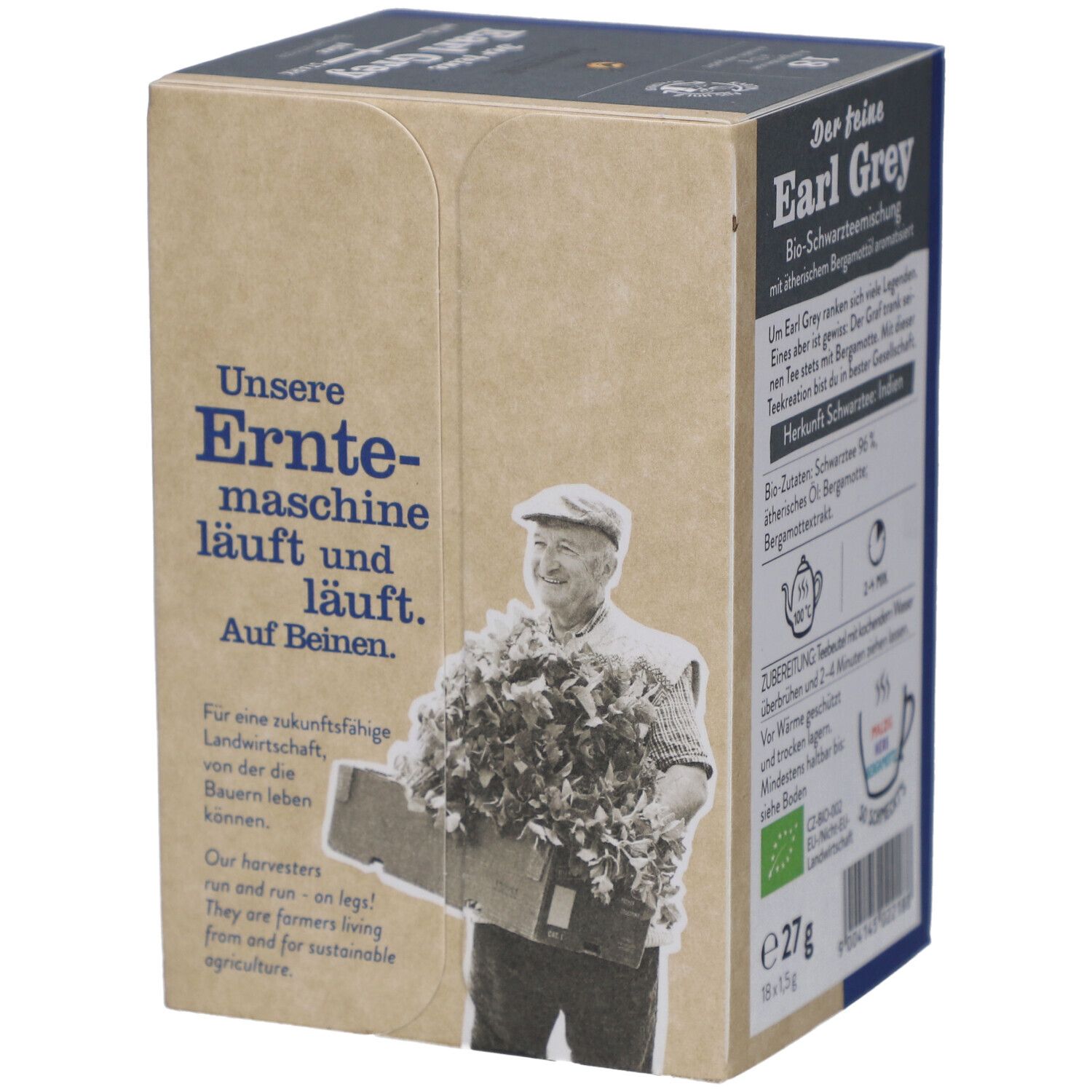 Seite mit Erntehelfer und Text: "Unsere Erntemaschine läuft und läuft. Auf Beinen."