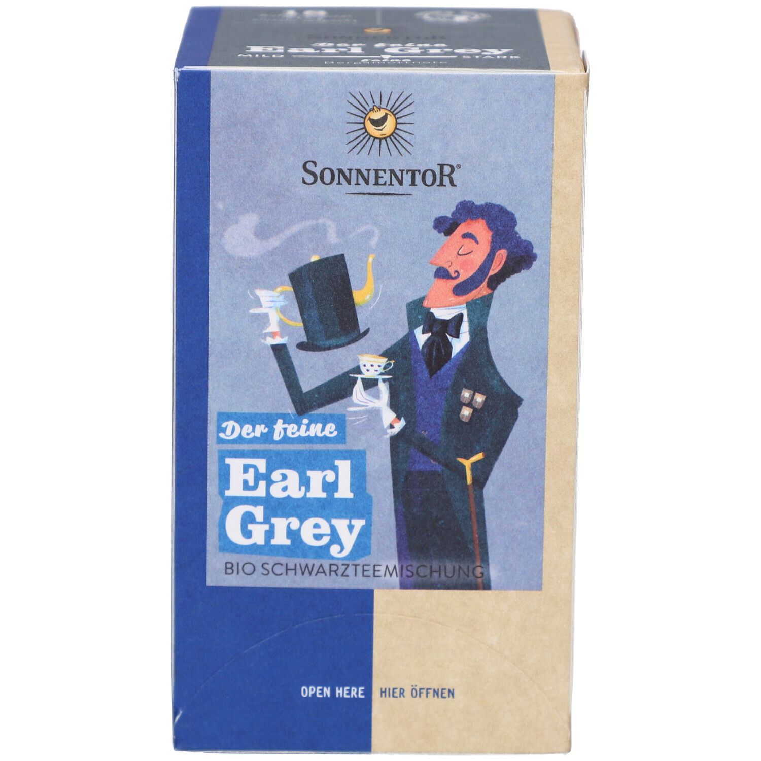 Vorderseite: Sonnen-Logo, Mann mit Zylinder und Tee, "Der feine Earl Grey" Aufdruck.