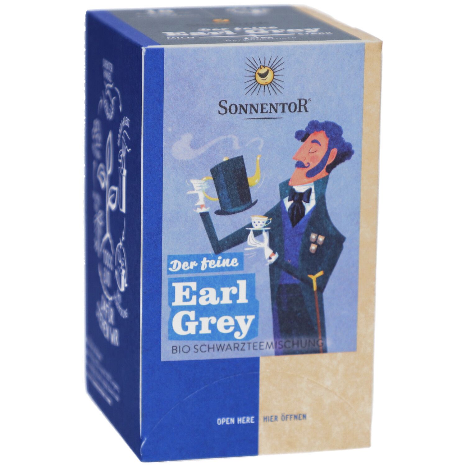 Vorderseite: Sonnen-Logo, Mann mit Zylinder und Tee, "Der feine Earl Grey" Aufdruck.