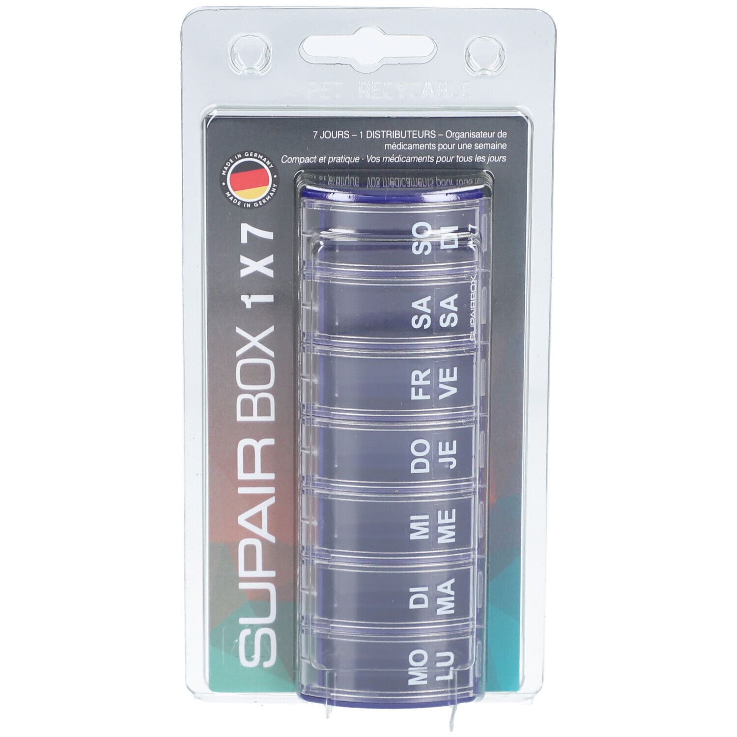 Organisateur hebdomadaire de médicaments bleu. Sept compartiments avec inscriptions de jours. Boîte plastique transparente en blister.