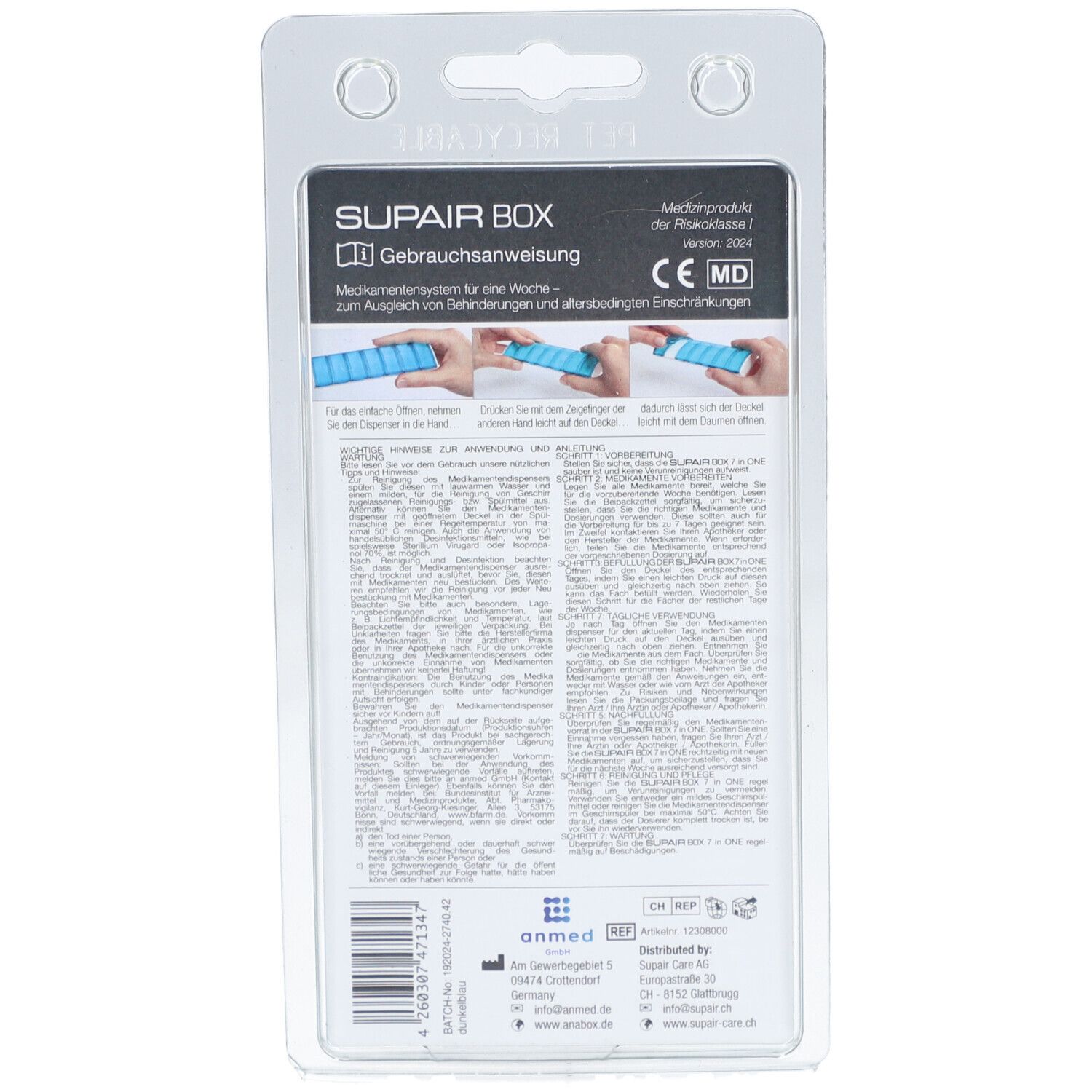 Supairbox Pilulier Semainier 7x1 compartiments - Français / Allemand Bleu
