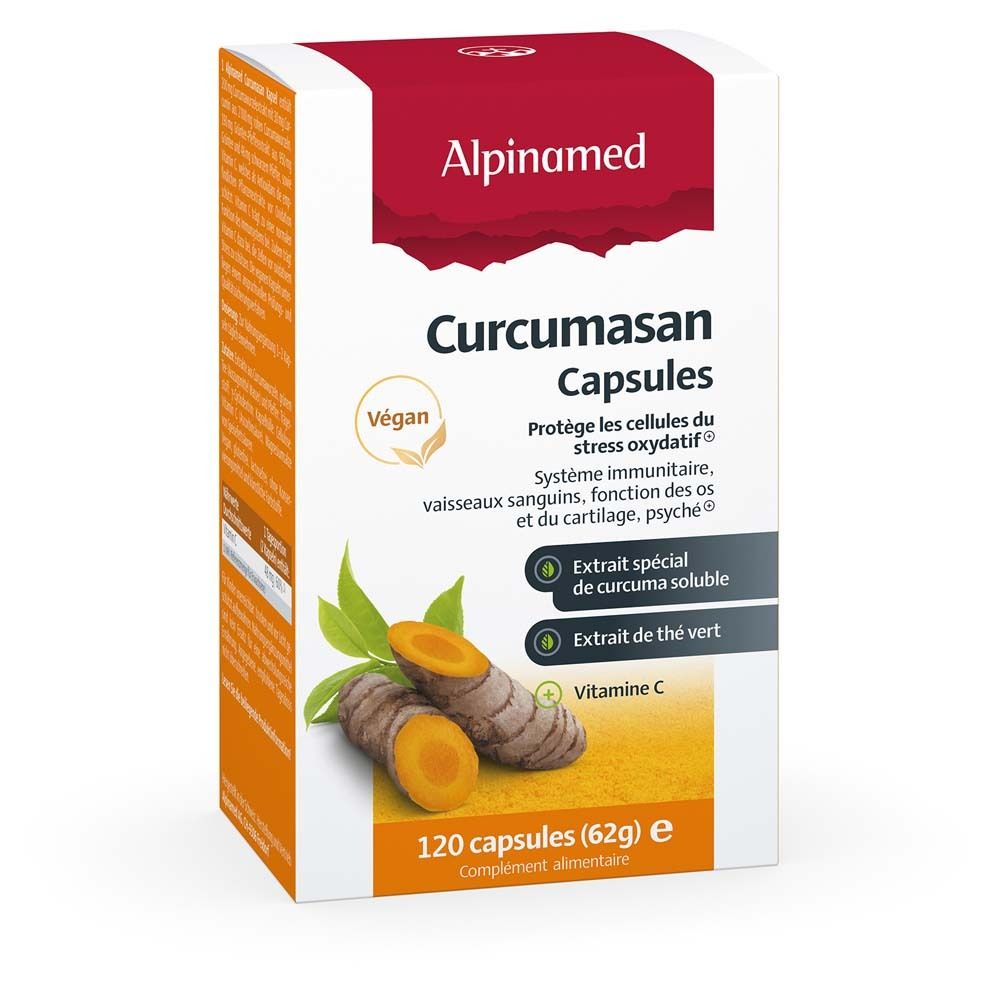 Boîte de gélules Alpinamed Curcumasan. 120 gélules. Vegan. Contient curcuma, extrait de thé vert et vitamine C. Face avant avec texte.