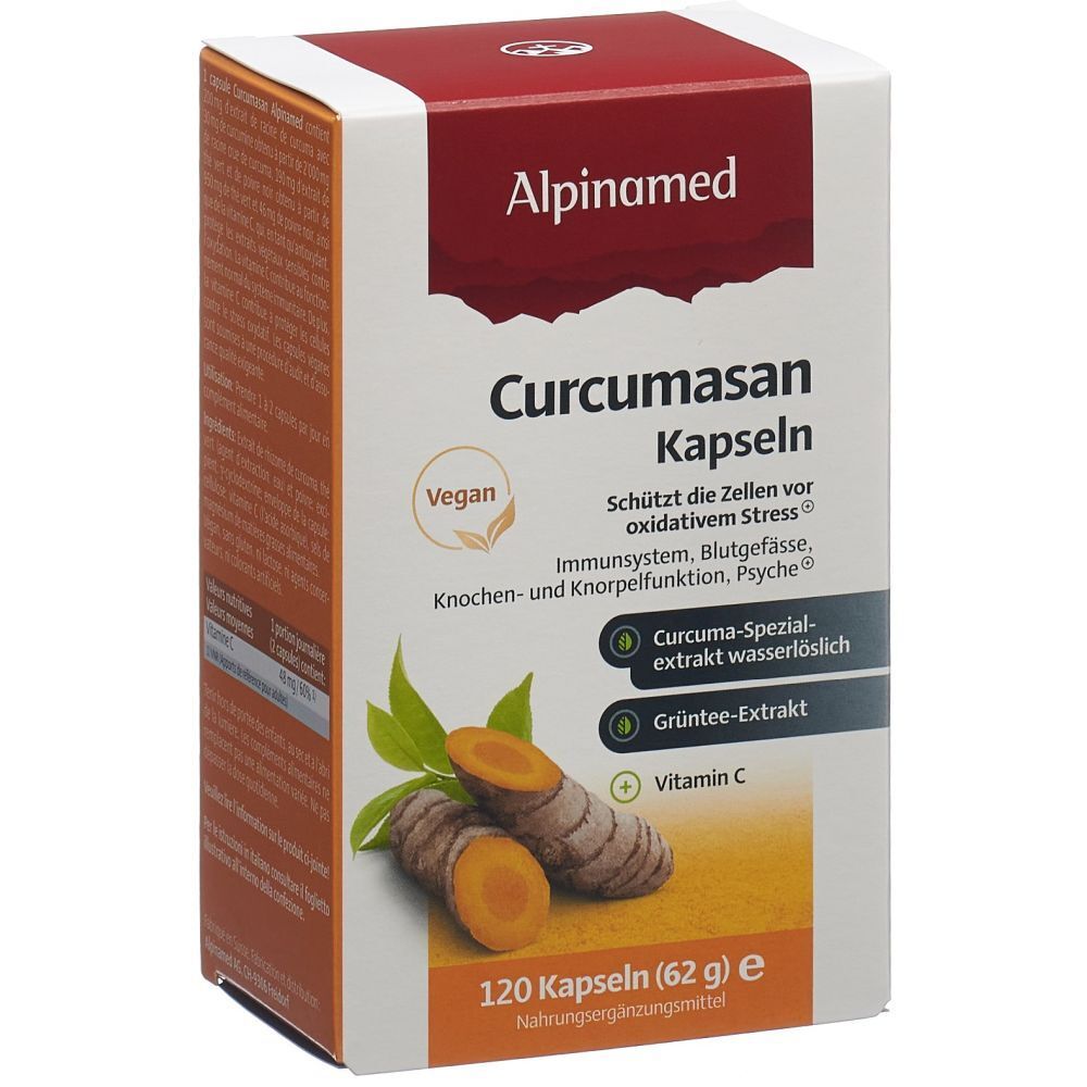 Alpinamed Curcumasan Kapseln-Packung. 120 Kapseln. Vegan. Enthält Kurkuma, Grüntee-Extrakt und Vitamin C. Orange-weißes Design.