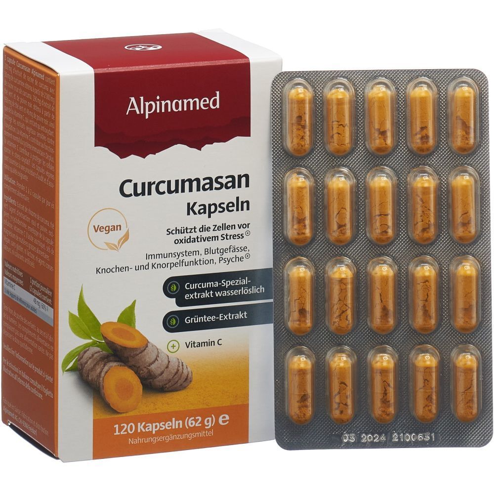 Alpinamed Curcumasan Kapseln-Packung und Blister. 120 Kapseln. Kapseln in Blisterpackung. Vegan. Enthält Kurkuma, Grüntee-Extrakt und Vitamin C.
