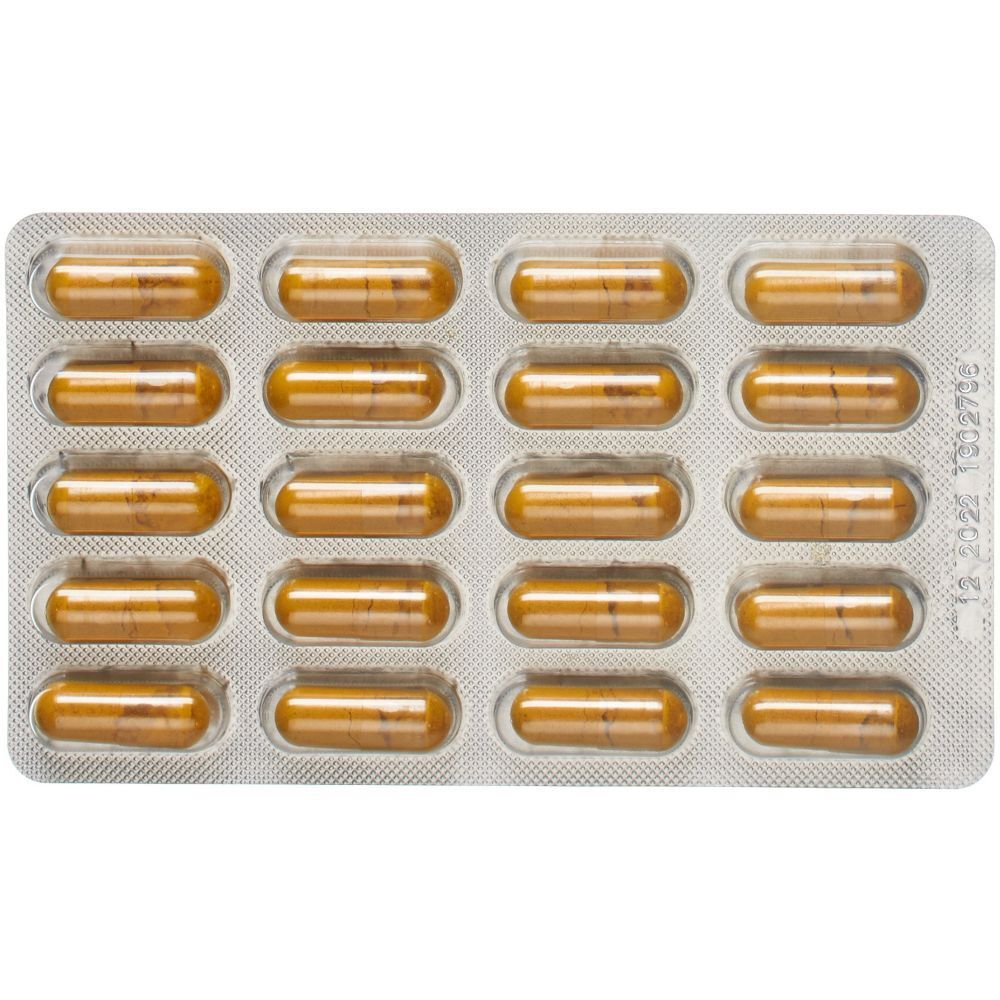 Blisterpackung mit gelben Kapseln. 20 Kapseln. Kapseln mit gelber Farbe. Enthält Kurkuma, Grüntee-Extrakt und Vitamin C.