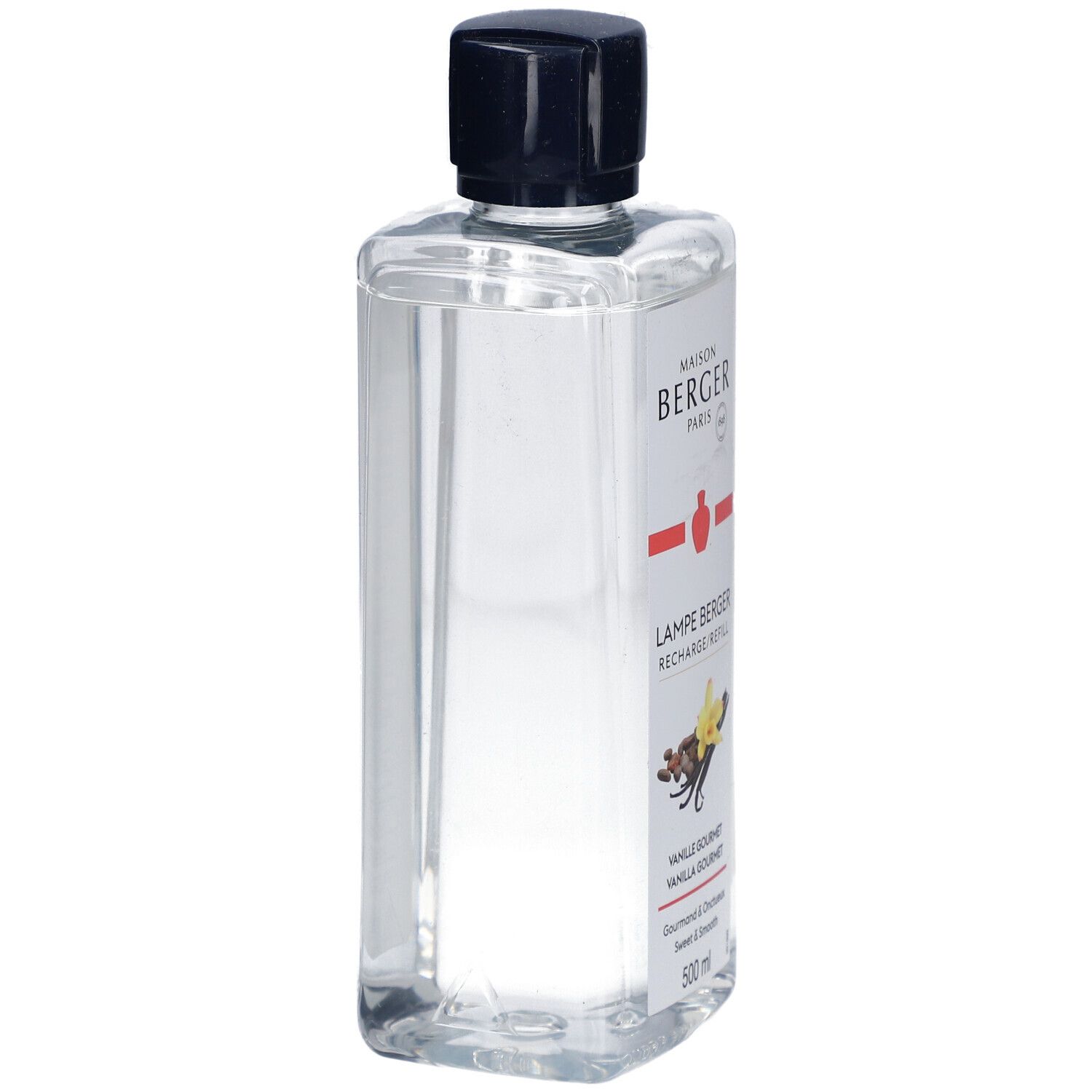 Klare Flasche mit schwarzem Deckel. Aufschrift: Maison Berger Paris, Lampe Berger, Vanille Gourmet. 500 ml.