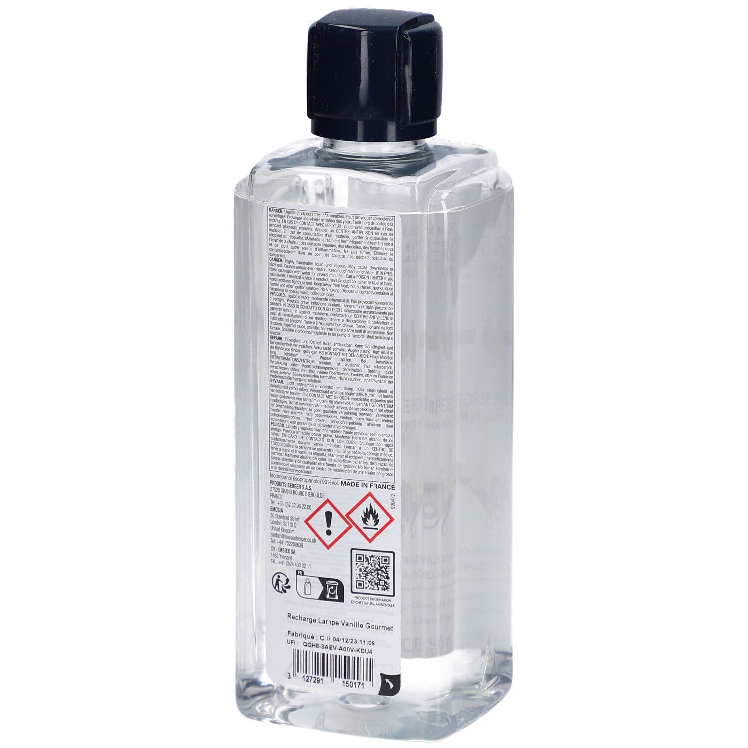 Transparente Flasche mit schwarzem Deckel. Rückseite mit Text und Gefahrensymbolen. Lampe Berger Vanille Gourmet.