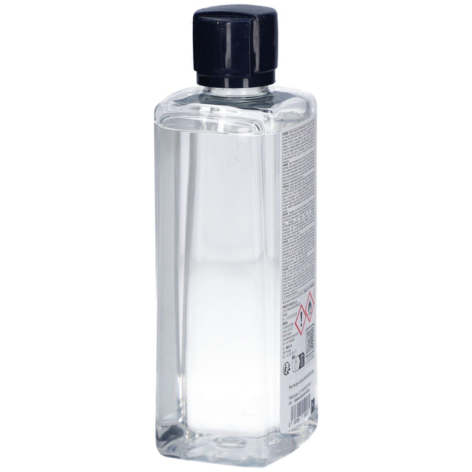 Transparente Flasche mit schwarzem Deckel. Rückseite mit Text und Gefahrensymbolen. Lampe Berger Vanille Gourmet.