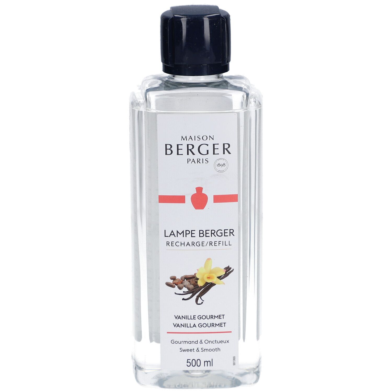 Klare Flasche mit schwarzem Deckel. Aufschrift: Maison Berger Paris, Lampe Berger, Vanille Gourmet. 500 ml.