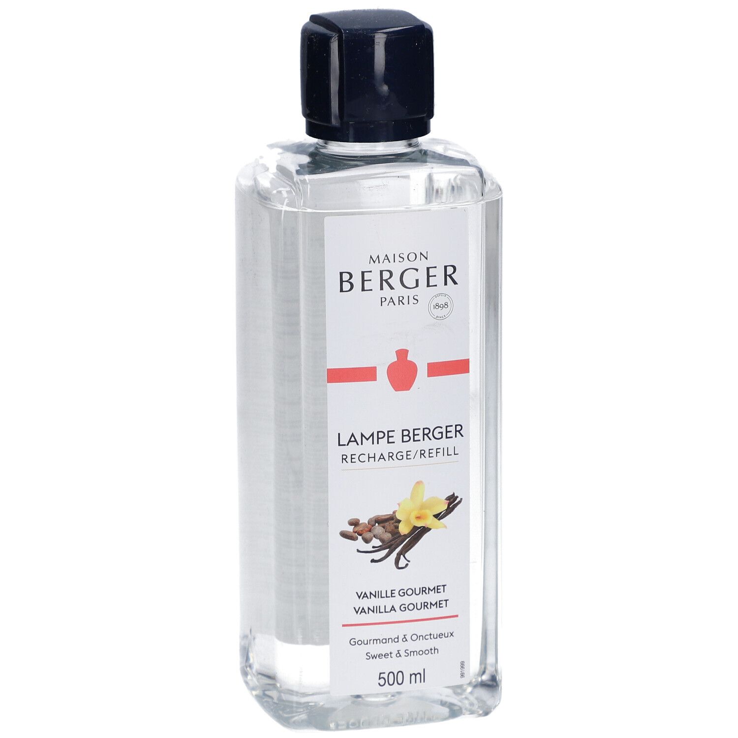 Klare Flasche mit schwarzem Deckel. Aufschrift: Maison Berger Paris, Lampe Berger, Vanille Gourmet. 500 ml.