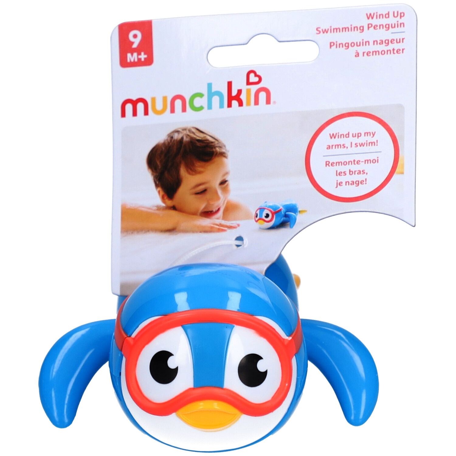 Blauer Pinguin-Schwimmer mit roter Taucherbrille. Verpackung mit "munchkin" Logo und Text "Wind Up Swimming Penguin". Geeignet ab 9 Monaten.