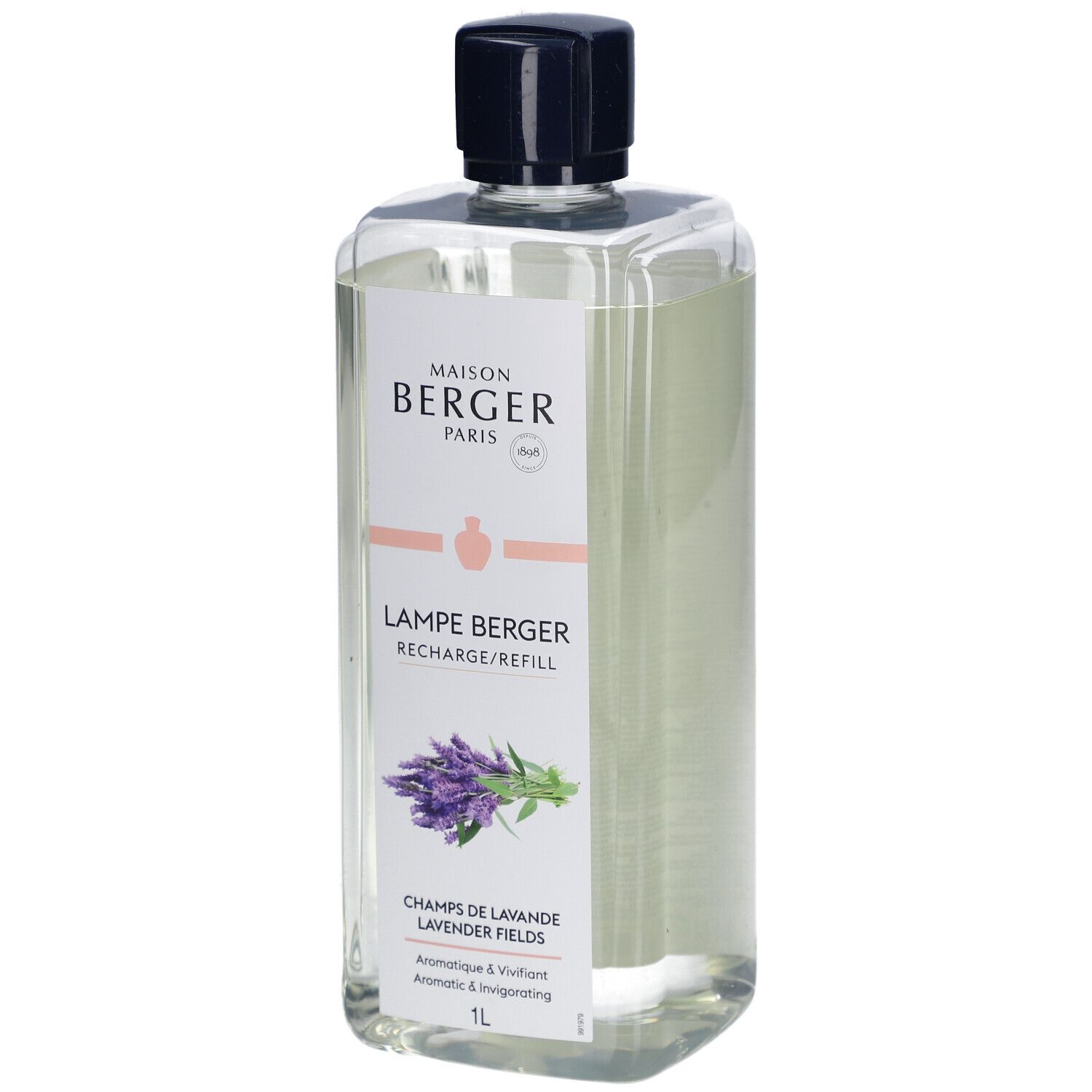 Transparente Flasche mit schwarzem Deckel. Etikett mit Logo und Produktbezeichnung. Lavendel-Illustration.
