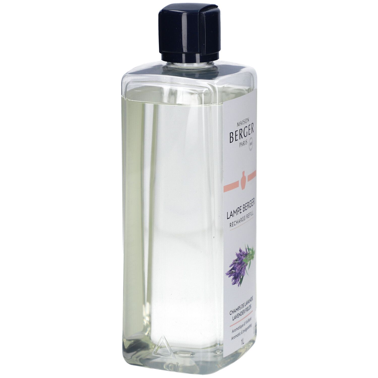 Transparente Flasche mit schwarzem Deckel. Etikett mit Logo und Produktbezeichnung. Lavendel-Illustration.