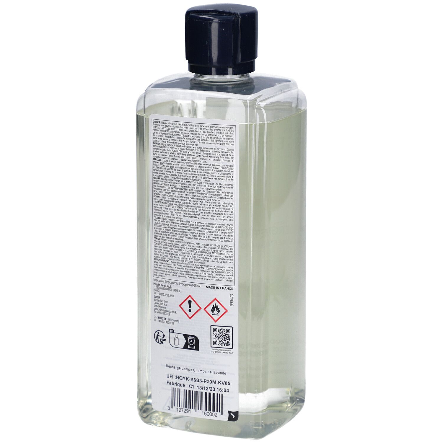 Rückseite einer transparenten Flasche mit schwarzem Deckel. Etikett mit Text und Warnhinweisen.