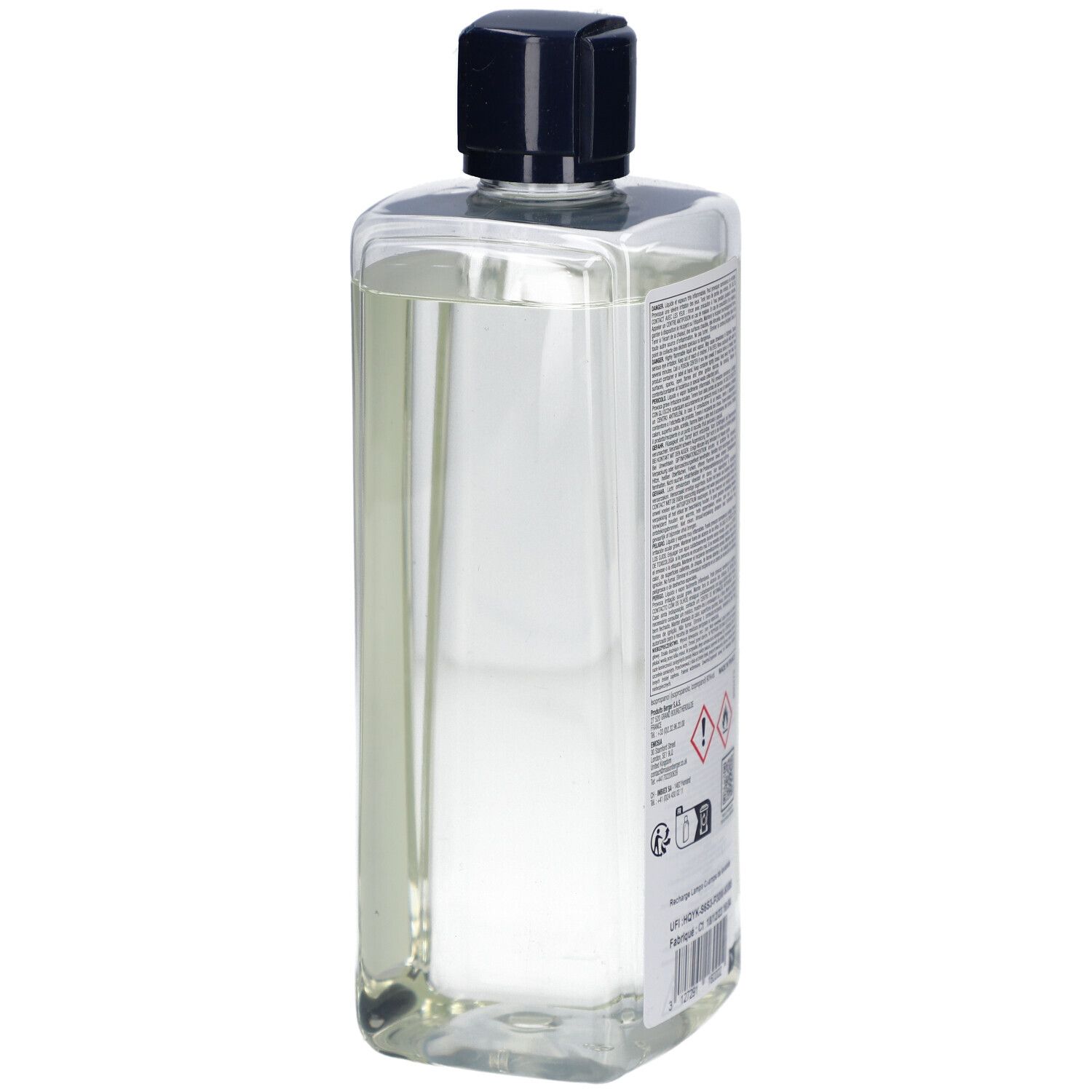 Rückseite einer transparenten Flasche mit schwarzem Deckel. Etikett mit Text und Warnhinweisen.