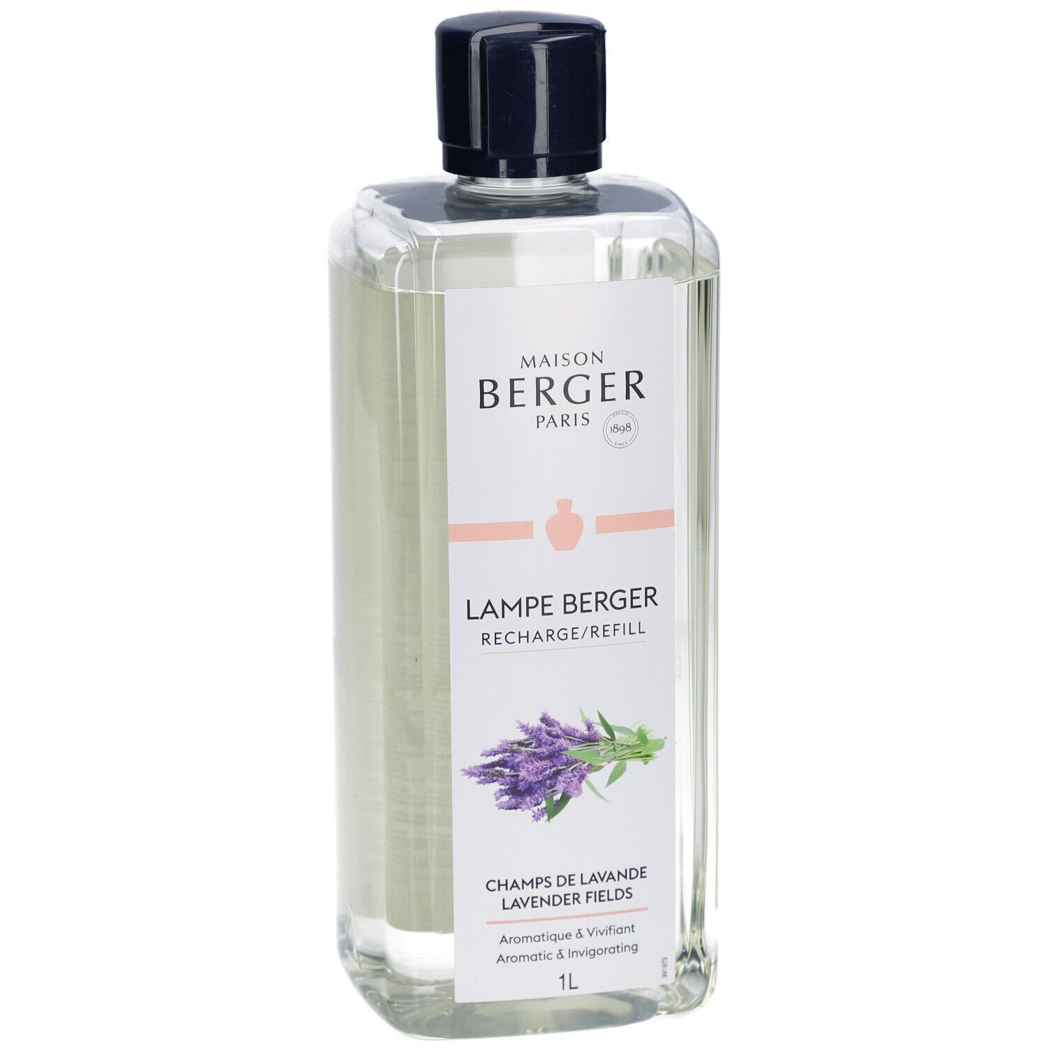 Transparente Flasche mit schwarzem Deckel. Etikett mit Logo und Produktbezeichnung. Lavendel-Illustration.