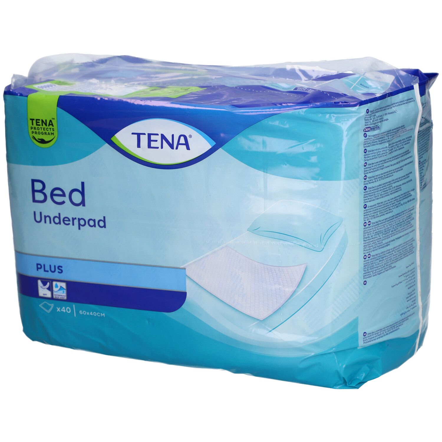 Emballage TENA Bed Underpad Plus. Emballage bleu avec nom et logo du produit. Dimensions : 40 x 60 cm. Avec certification.