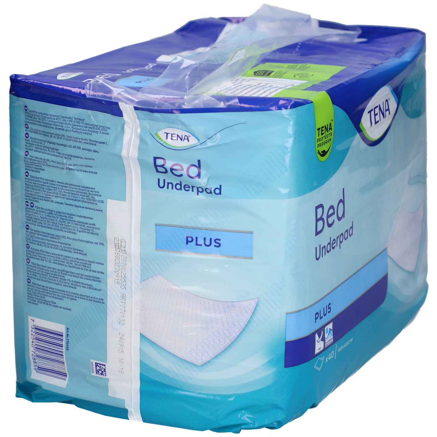 Emballage TENA Bed Underpad Plus. Emballage bleu avec nom et logo du produit. Dimensions : 40 x 60 cm. Avec certification.