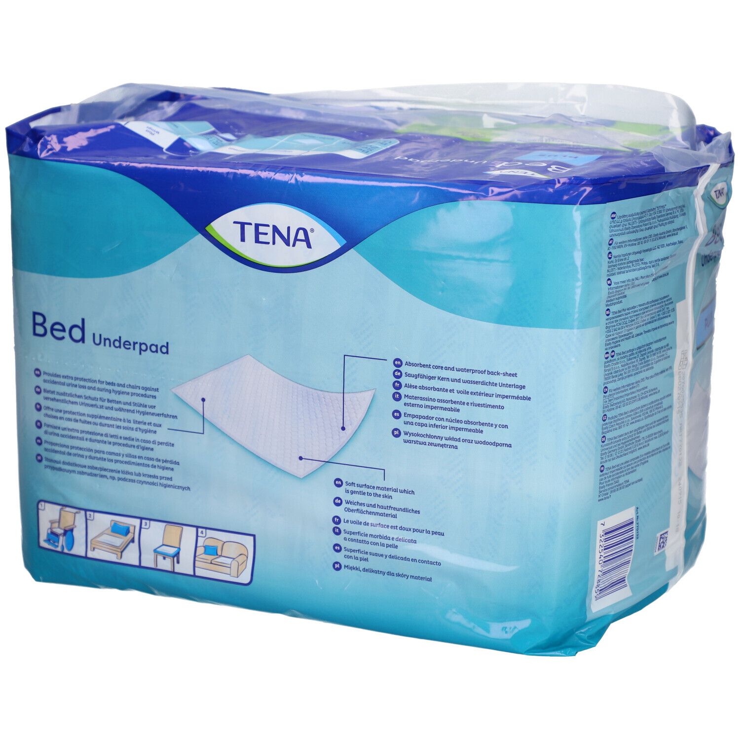 Emballage TENA Bed Underpad Plus. Emballage bleu avec nom et logo du produit. Dimensions : 40 x 60 cm. Avec certification.