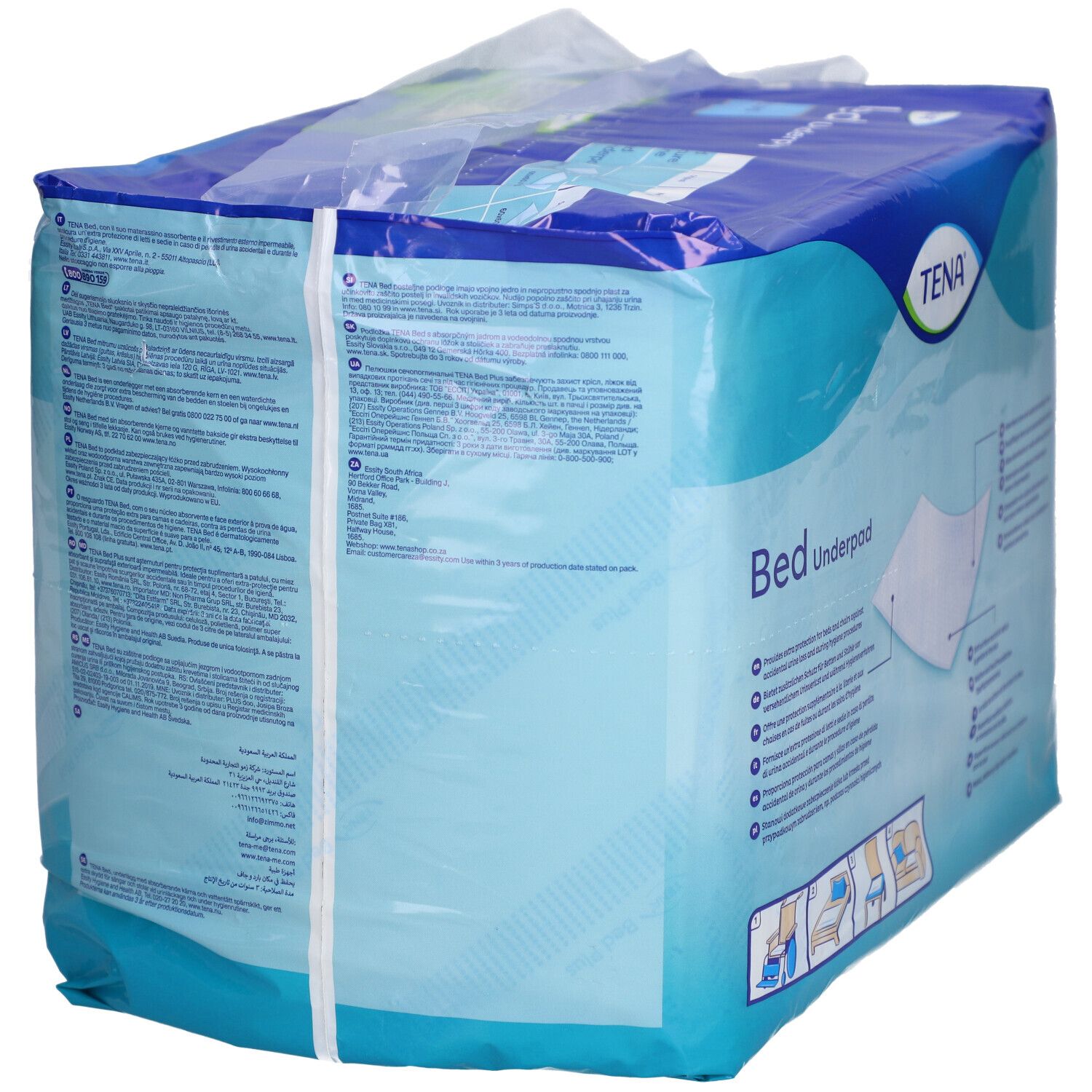 Emballage TENA Bed Underpad Plus. Emballage bleu avec nom et logo du produit. Dimensions : 40 x 60 cm. Avec certification.