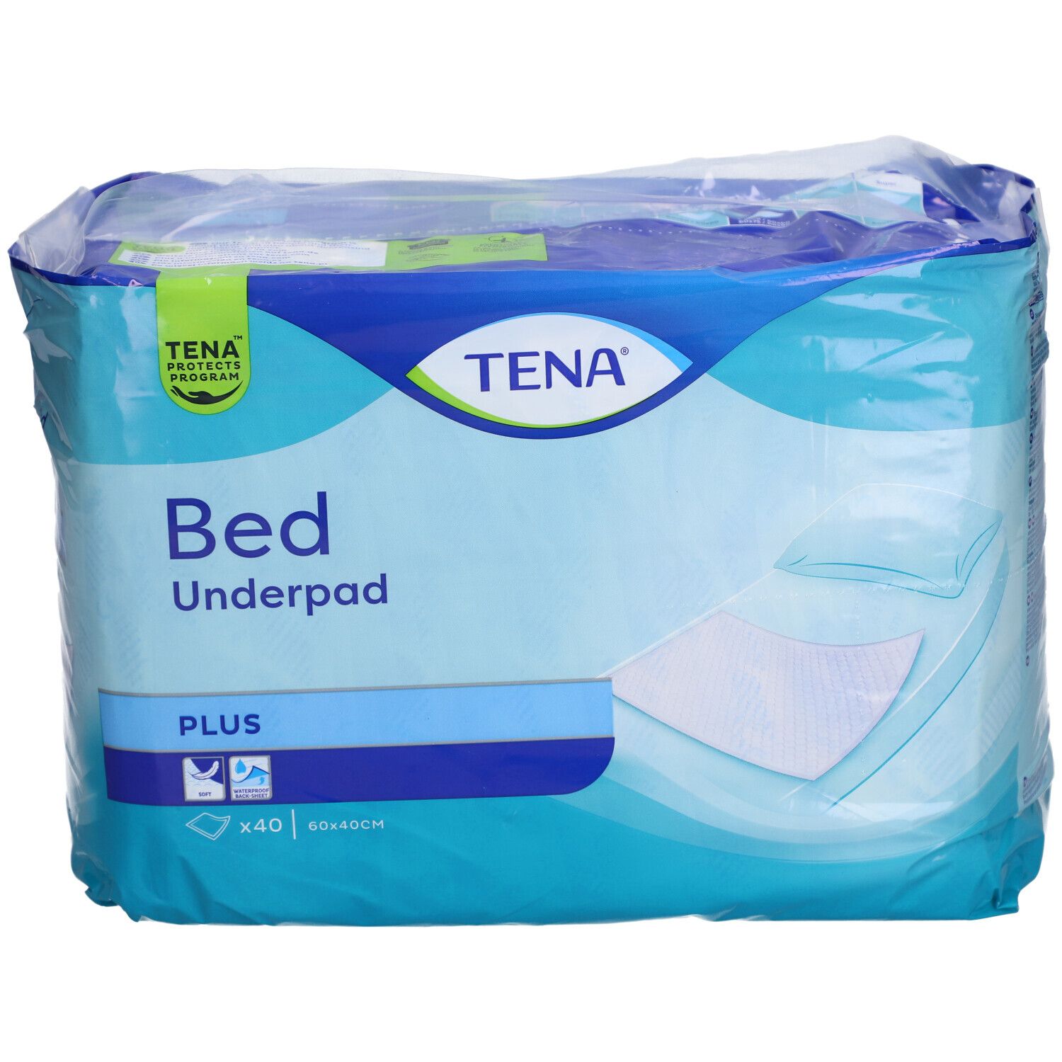 Emballage TENA Bed Underpad Plus. Emballage bleu avec nom et logo du produit. Dimensions : 40 x 60 cm. Avec certification.
