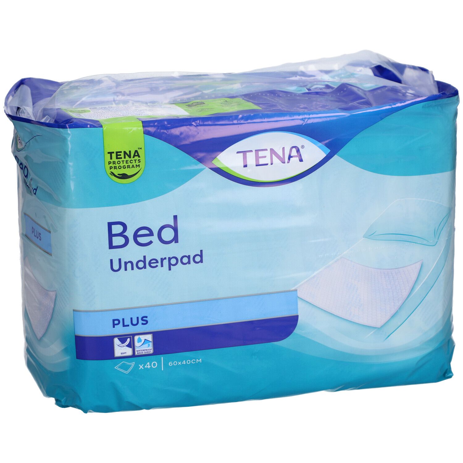 Emballage TENA Bed Underpad Plus. Emballage bleu avec nom et logo du produit. Dimensions : 40 x 60 cm. Avec certification.