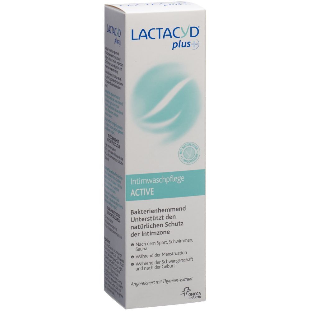 Boîte de LACTACYD plus+ Active. Inscription: Soin lavant intime, antibactérien. Avec extrait de thym.