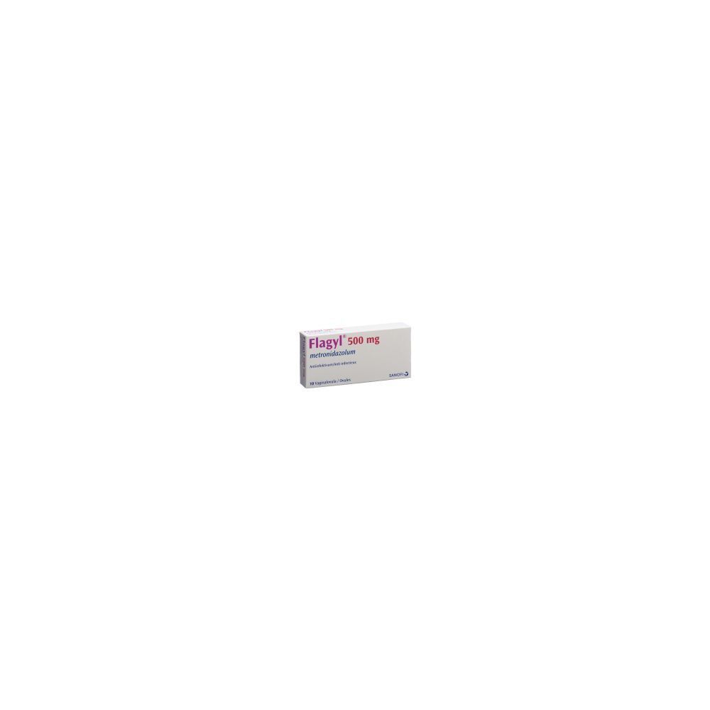 Karton mit der Aufschrift "Flagyl 500 mg". Aufschrift in Rosa und Weiß. Rechteckige Form.