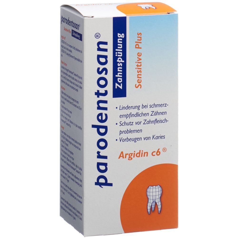 Karton von parodentosan® Zahnspülung. Aufschrift: Sensitive Plus, Arginin c6®, Zahn-Symbol. Text: Linderung, Schutz, Vorbeugen.