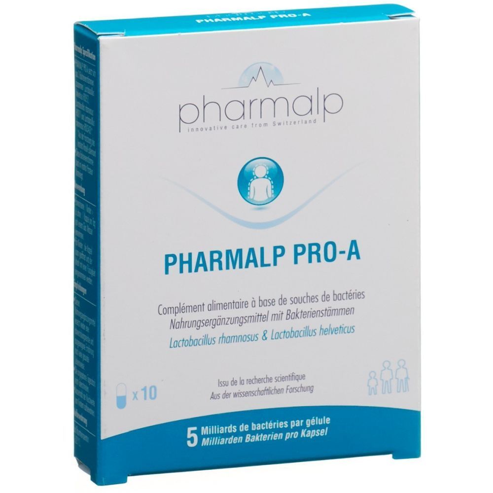 Boîte PHARMALP PRO-A. Contient 10 gélules. Inscription: 5 milliards de bactéries par gélule. Emballage bleu et blanc.