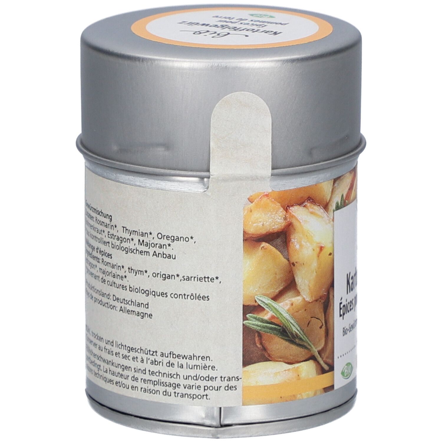 Rückseite der Morga Bio Kartoffelgewürz Dose mit Zutatenliste und Bio-Siegel.