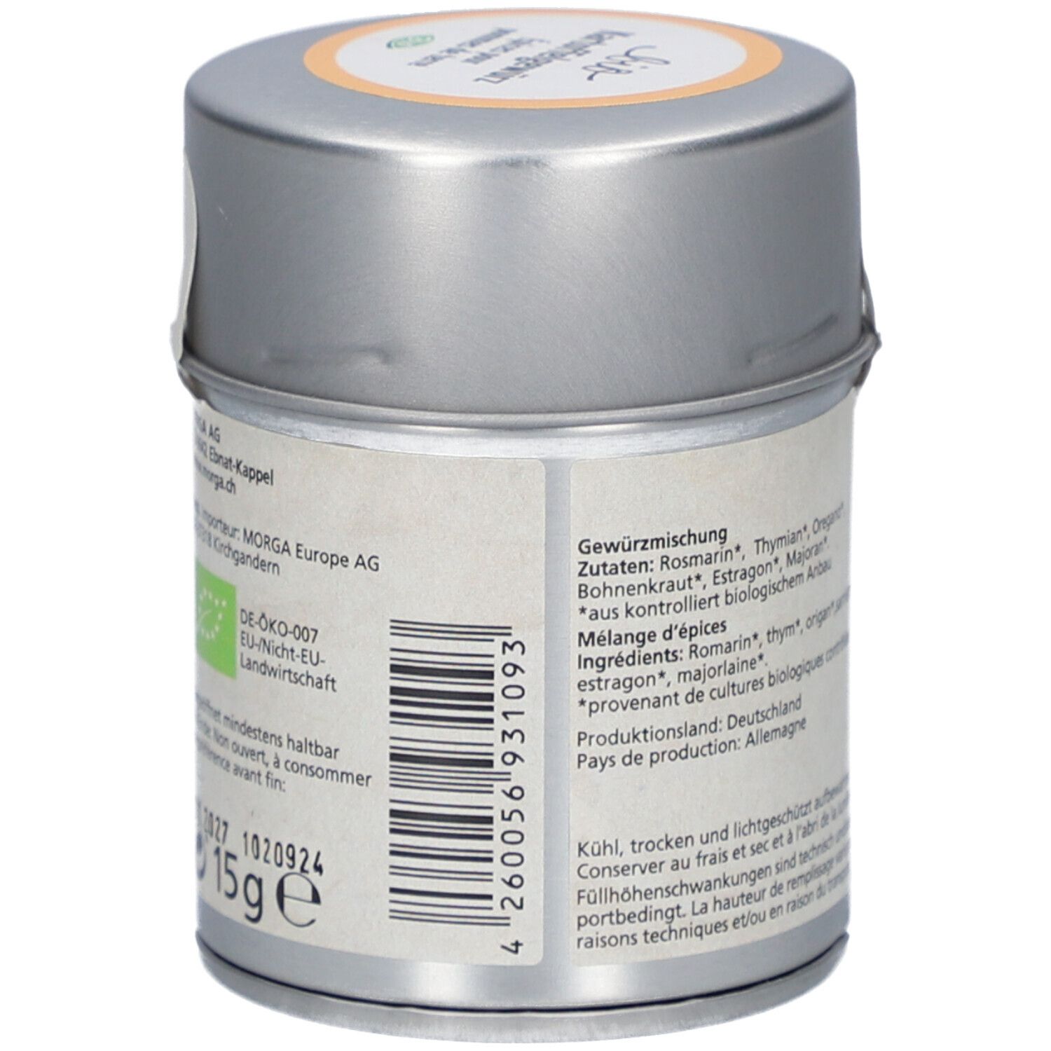 Seite der Morga Bio Kartoffelgewürz Dose mit Barcode, Bio-Siegel und 15g Angabe.