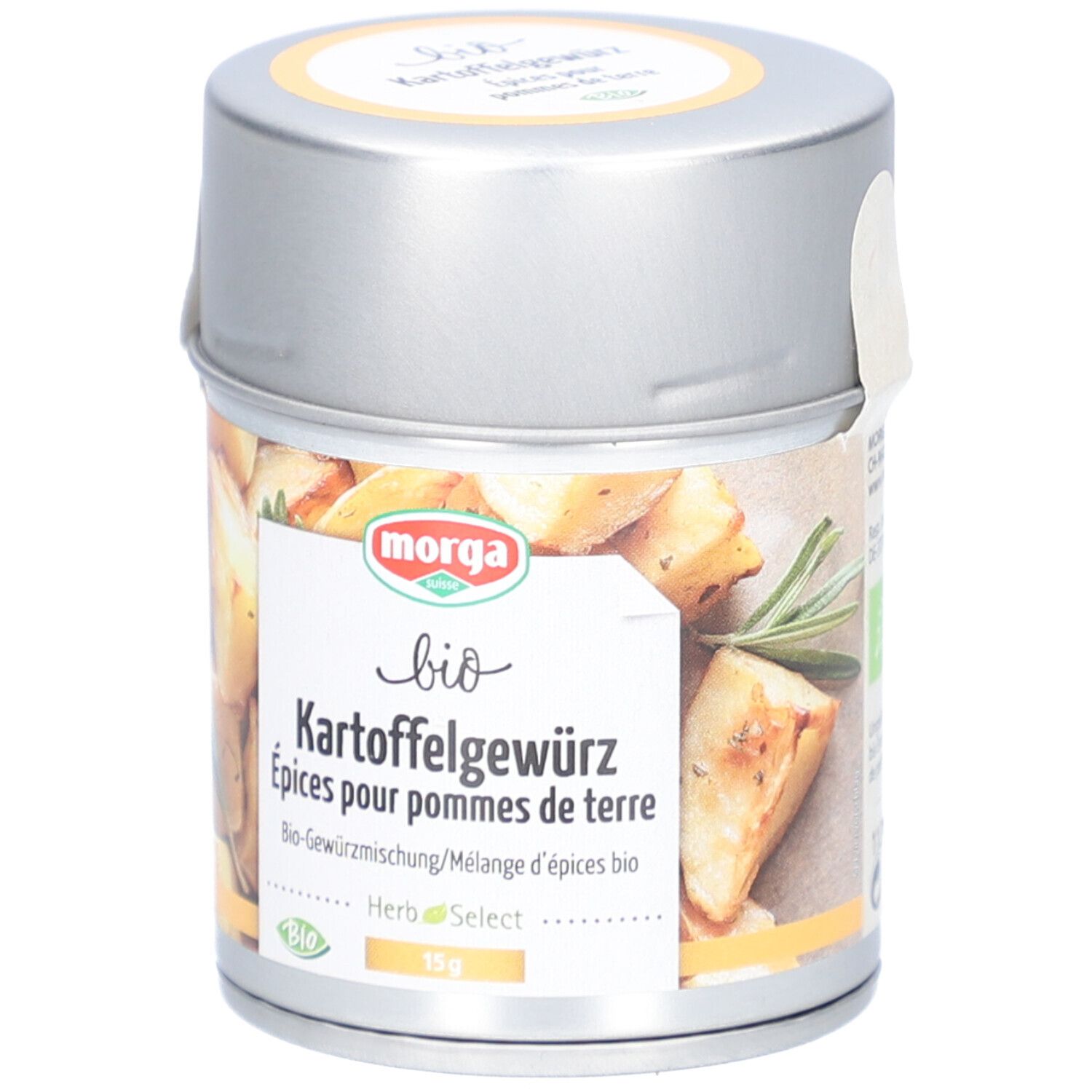 Morga Bio Kartoffelgewürz in silberner Dose mit Etikett, 15g.