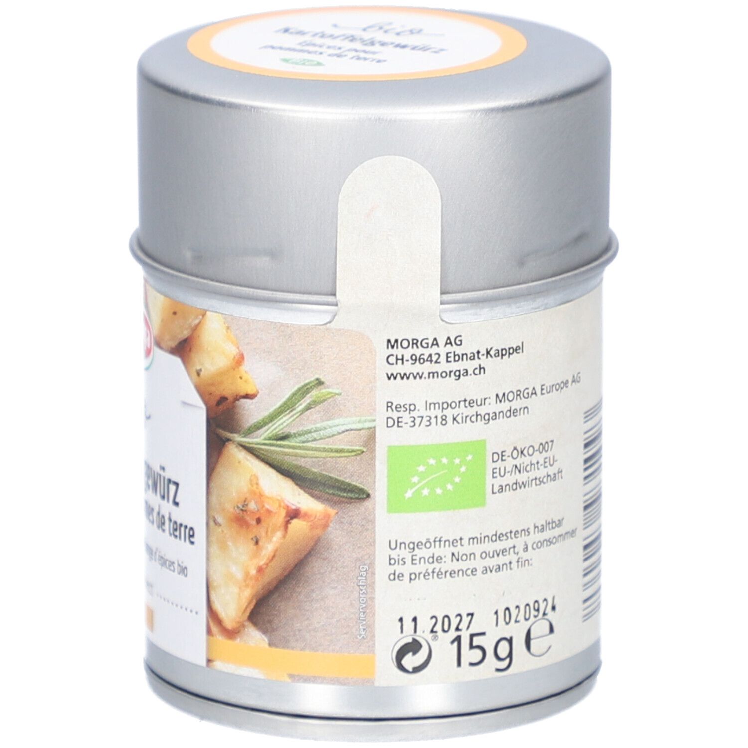 Morga Bio Kartoffelgewürz Dose mit Etikett, Bio-Siegel, MHD und 15g Angabe.