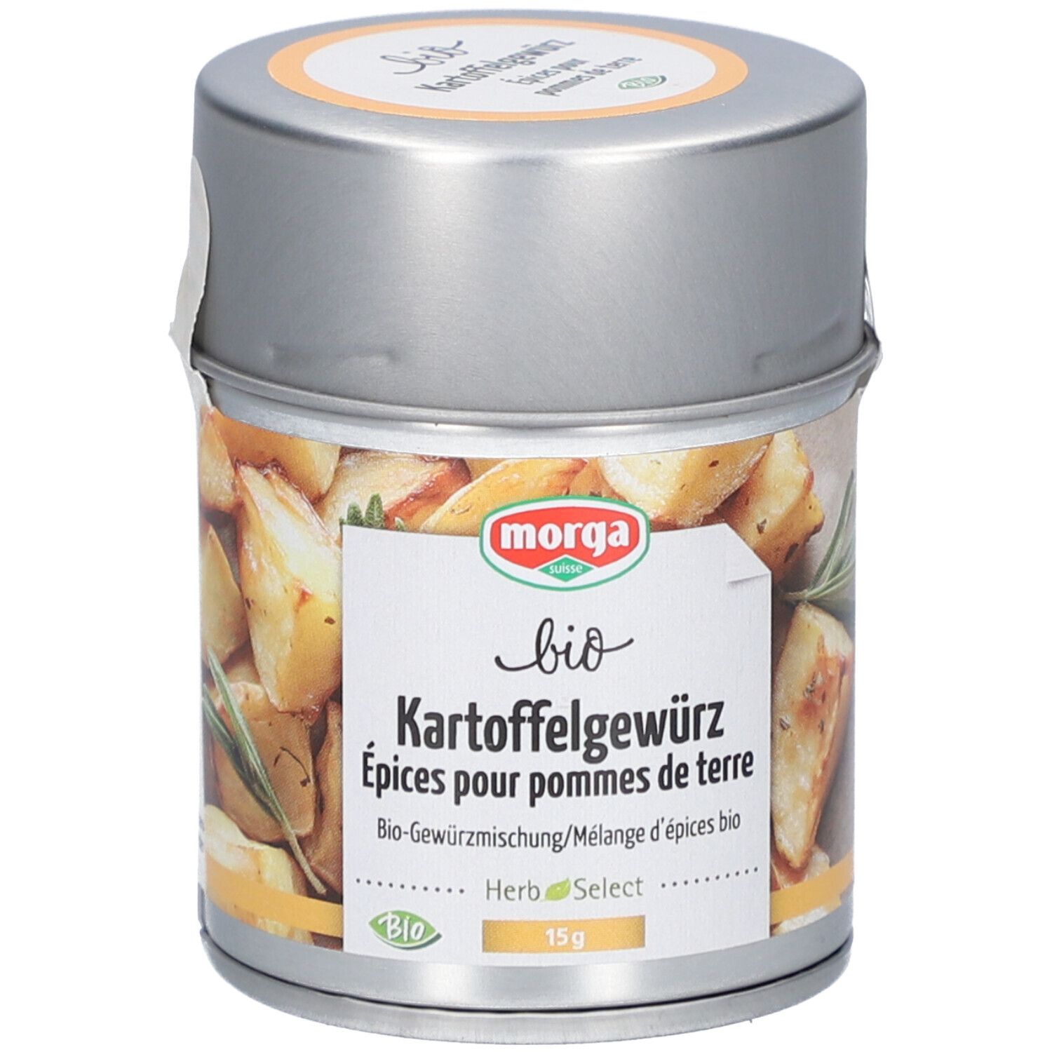 Morga Bio Kartoffelgewürz in silberner Dose mit Etikett, 15g.
