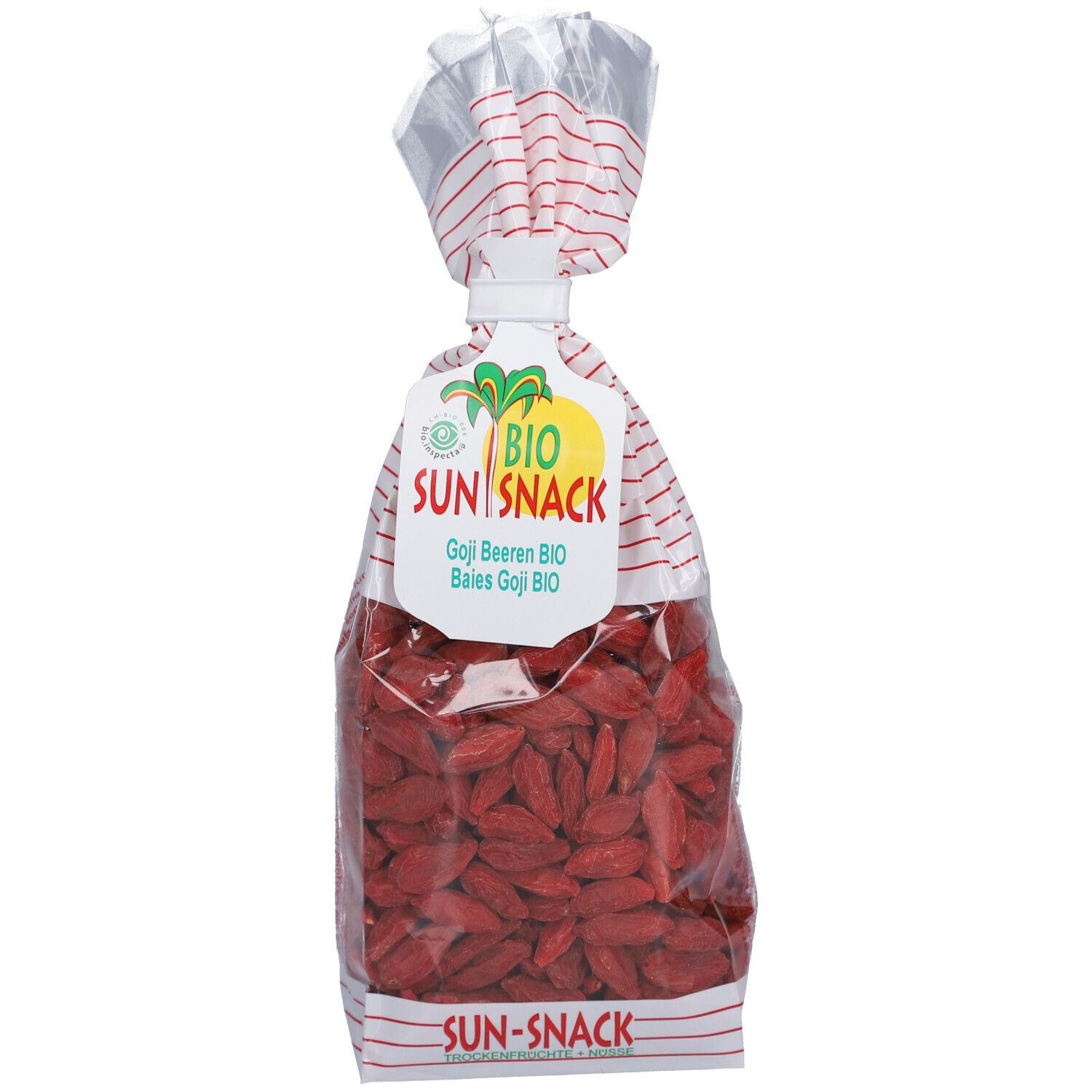 Transparente Tüte mit roten Goji-Beeren. Oben weiß-rot gestreift, mit Etikett und Logo.