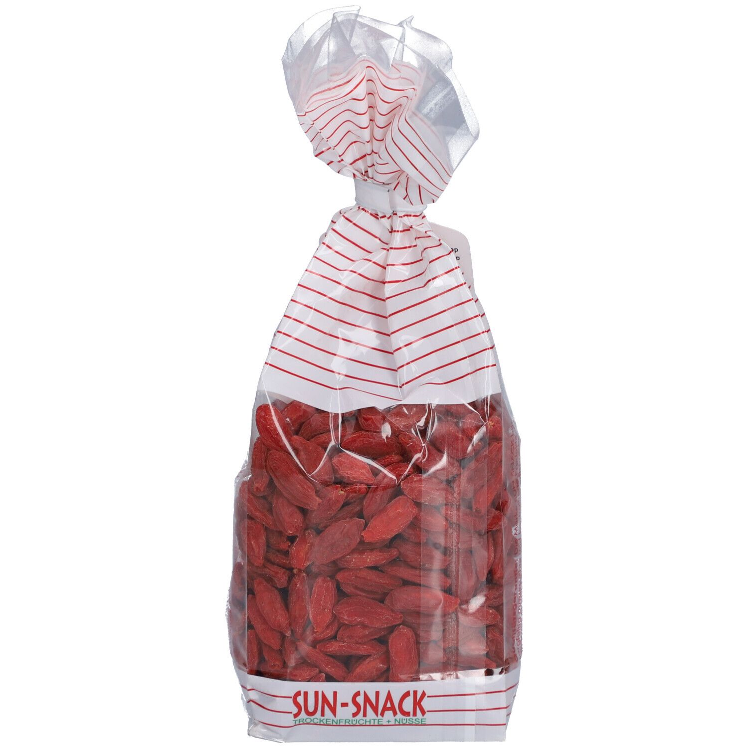 Transparente Tüte mit roten Goji-Beeren, oben weiß-rot gestreift.