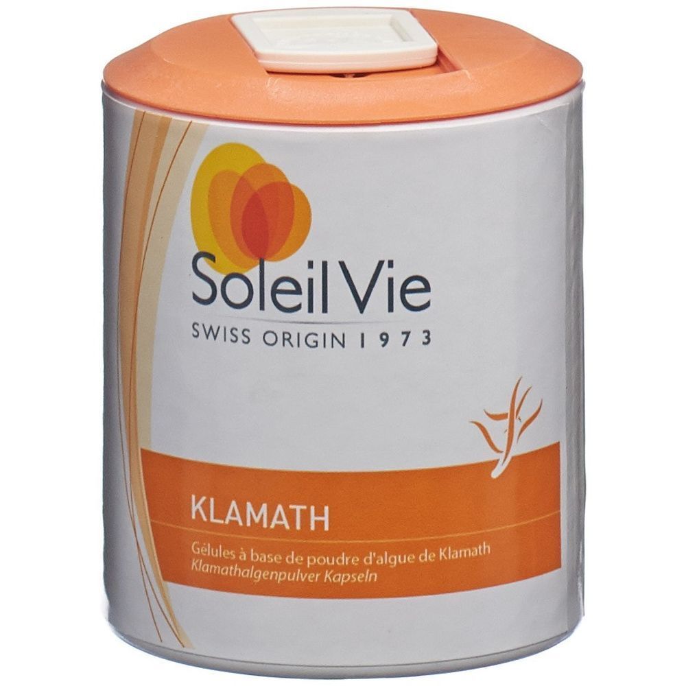 Boîte cylindrique avec couvercle orange. Inscriptions: Soleil Vie, Klamath. Texte en français et allemand.