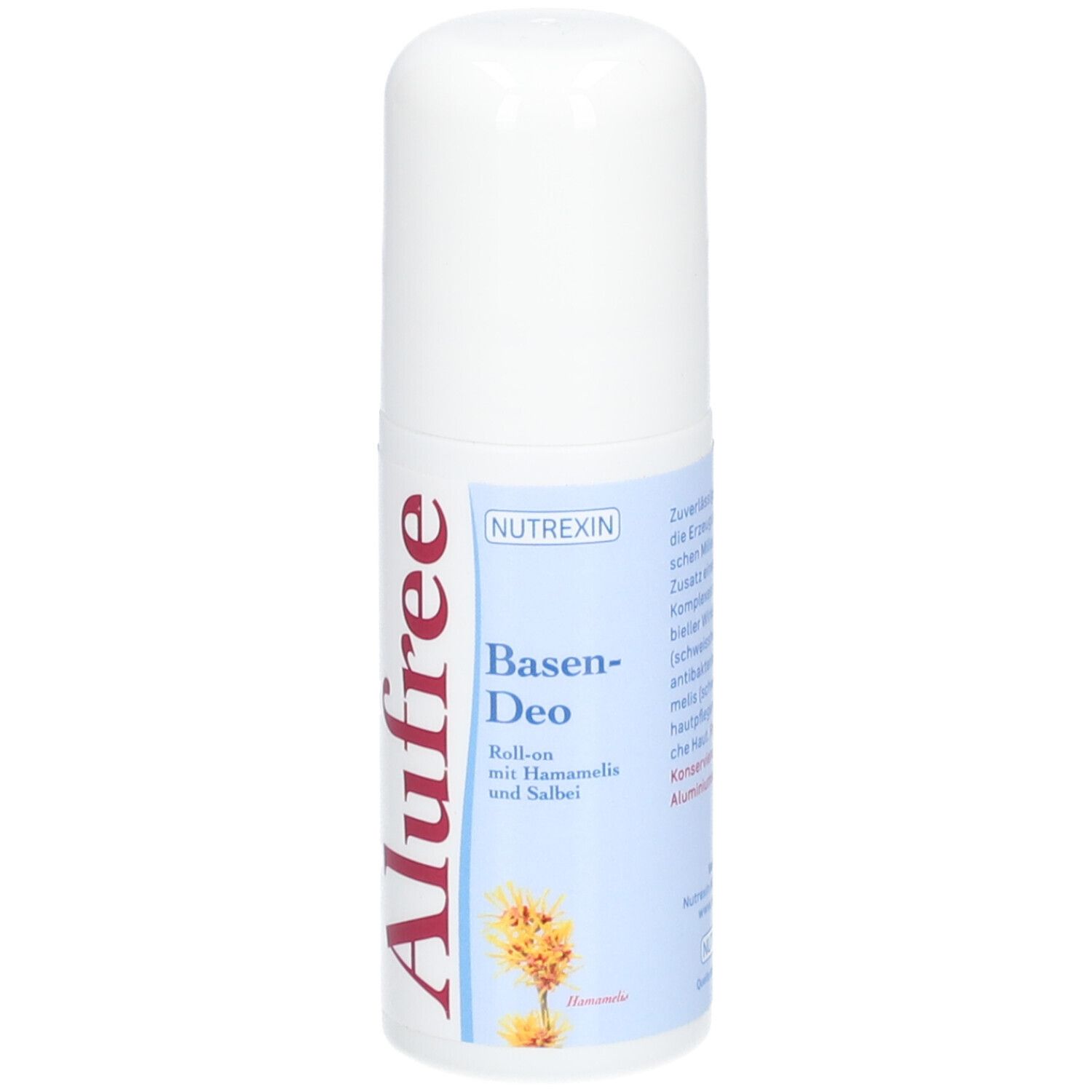 Weißer Roll-on-Deo mit roter und blauer Beschriftung. Aufschrift: Alufree, Basen-Deo, NUTREXIN.