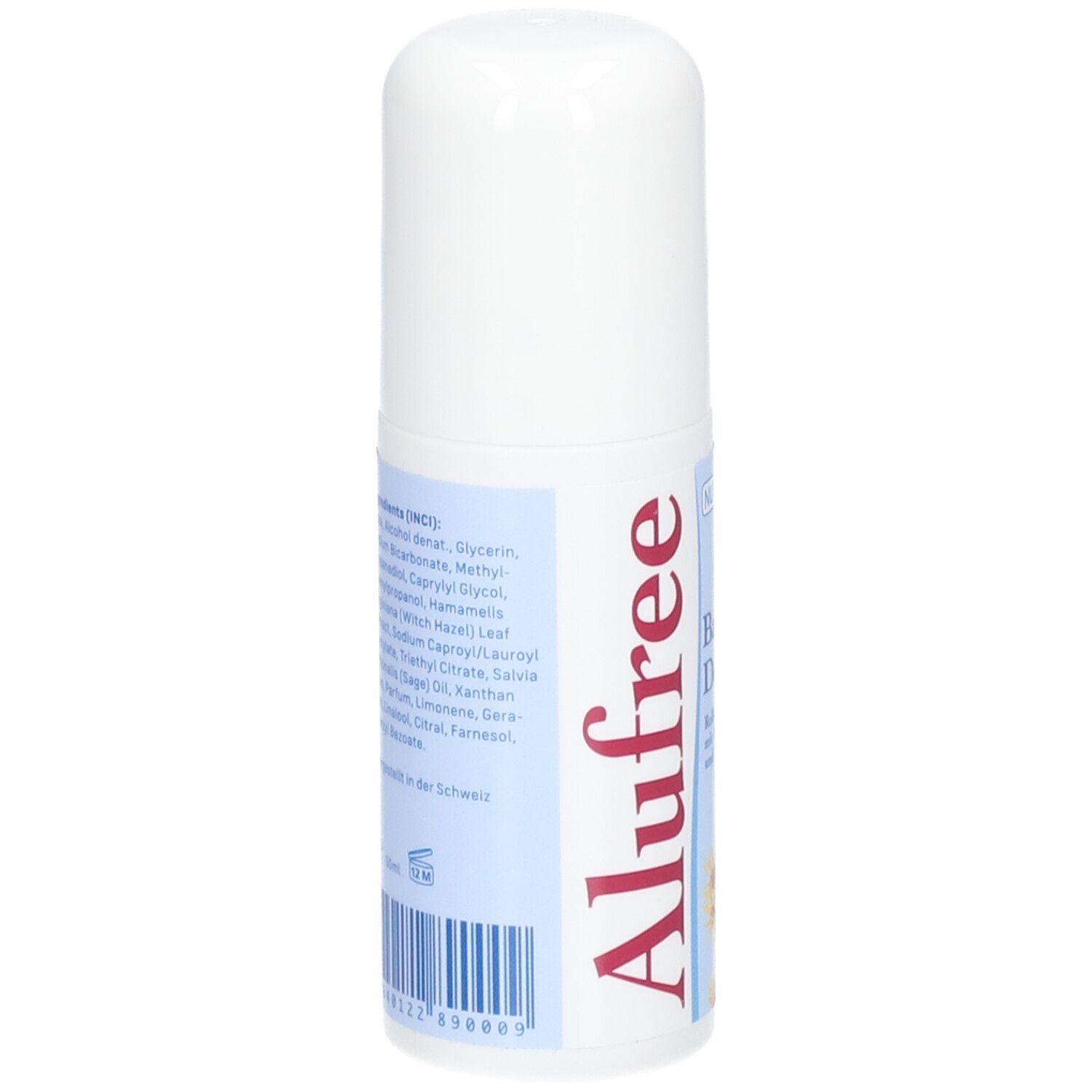 Weißer Roll-on-Deo. Aufschrift: Alufree. Rückseite mit Inhaltsstoffen und Barcode.