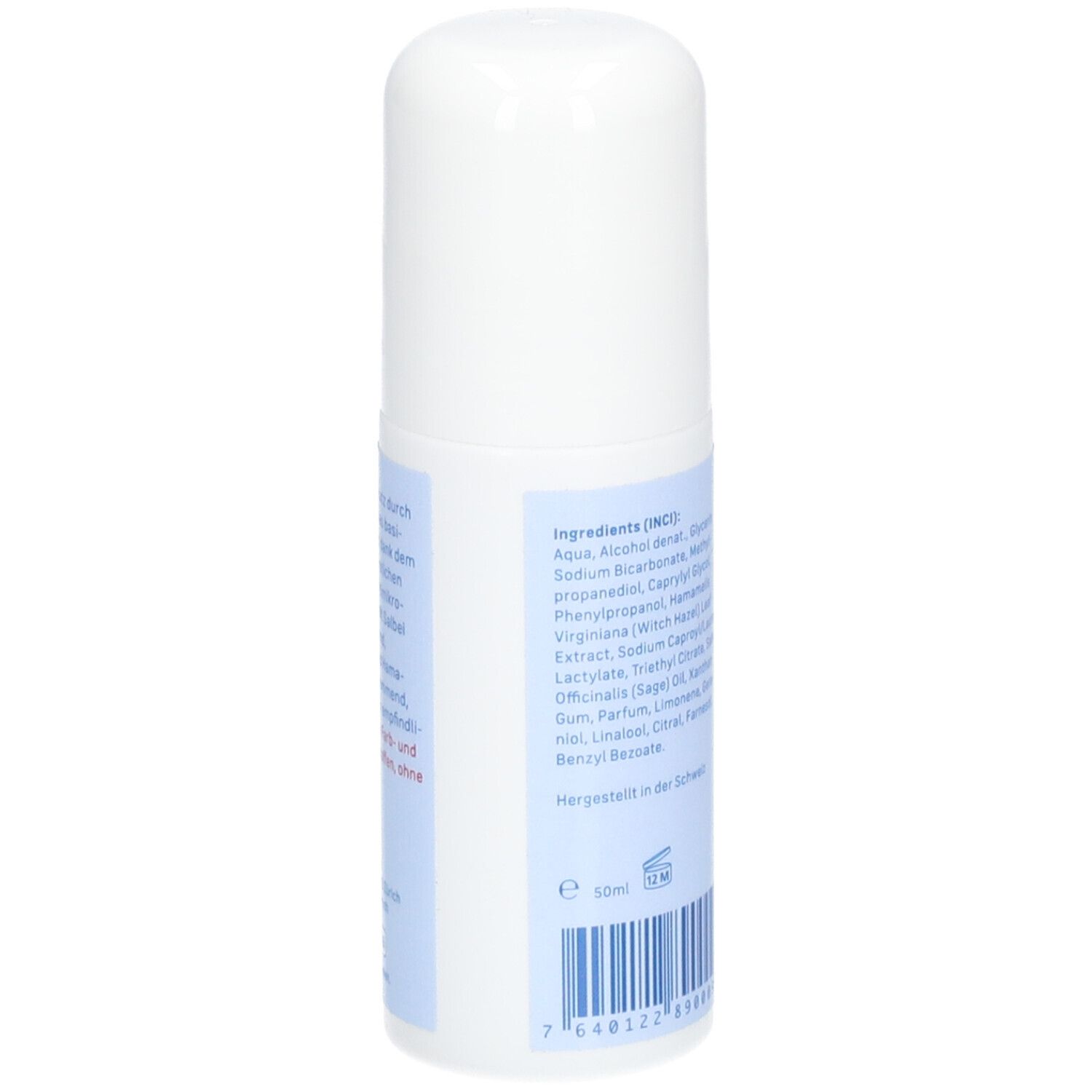 Weißer Roll-on-Deo. Rückseite mit Inhaltsstoffen und Barcode. Volumen: 50ml.