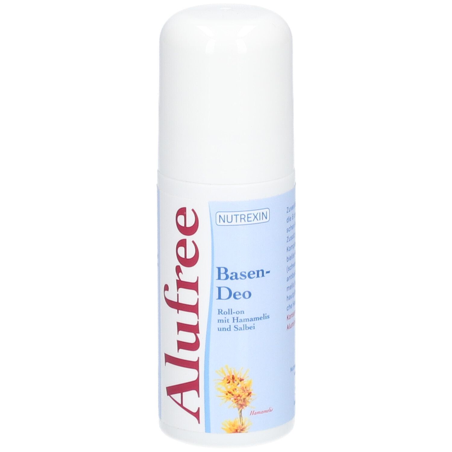 Weißer Roll-on-Deo mit roter und blauer Beschriftung. Aufschrift: Alufree, Basen-Deo, NUTREXIN.