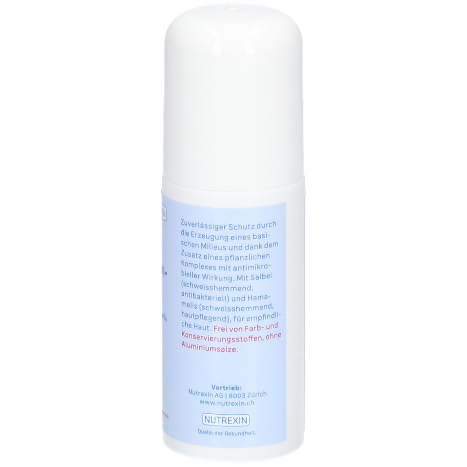 Weißer Roll-on-Deo. Rückseite mit Text. Aufschrift: NUTREXIN, ohne Aluminiumsalze.