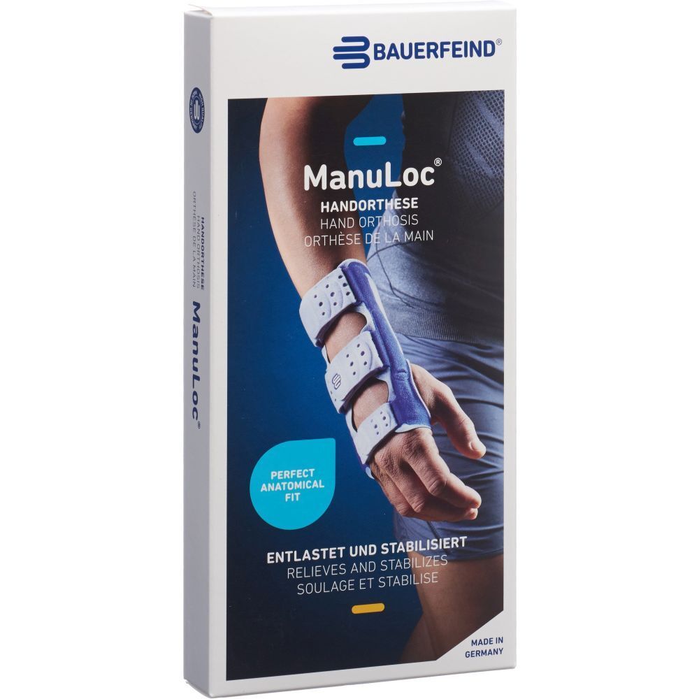Bauerfeind Manuloc Handorthese in Verpackung. Blau-weiß, mit Handgelenk- und Daumenstabilisierung. Made in Germany.
